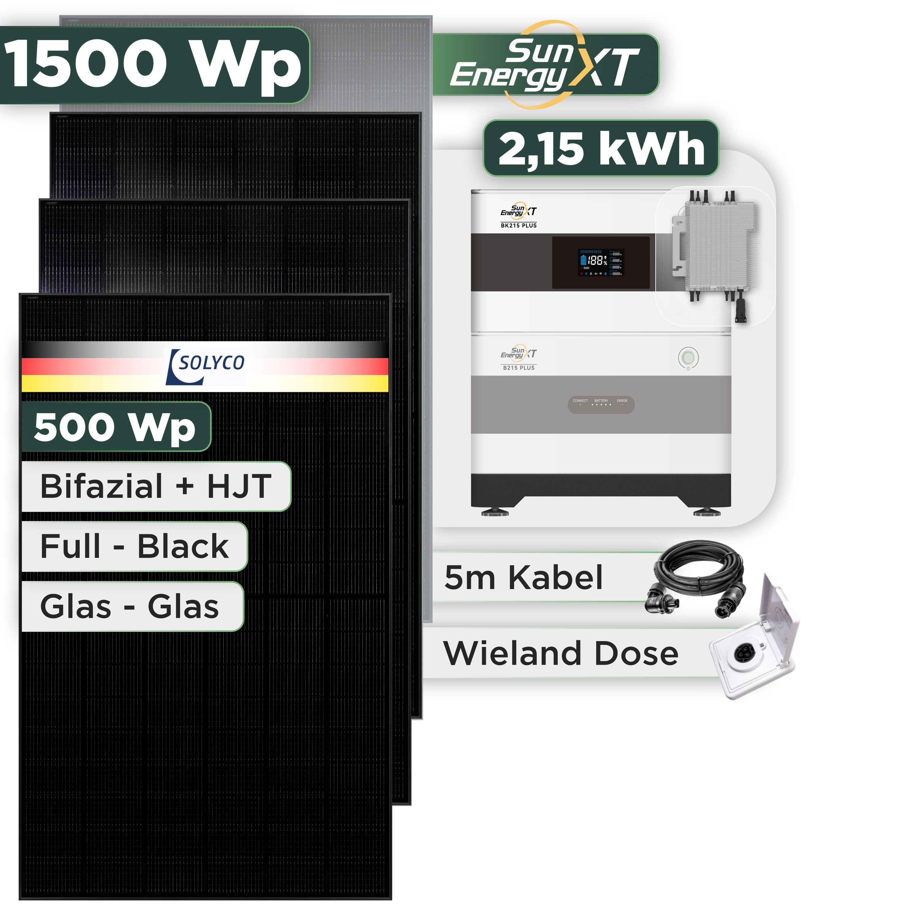 Balkonkraftwerk Set 1500 Wp SunEnergyXT Plus / 2,15 kWh / Solyco 500 Wp Glas-Glas Fullblack-Modul Bifazial / 3 Module / Deye 2000 W / Wieland Stecker + Dose