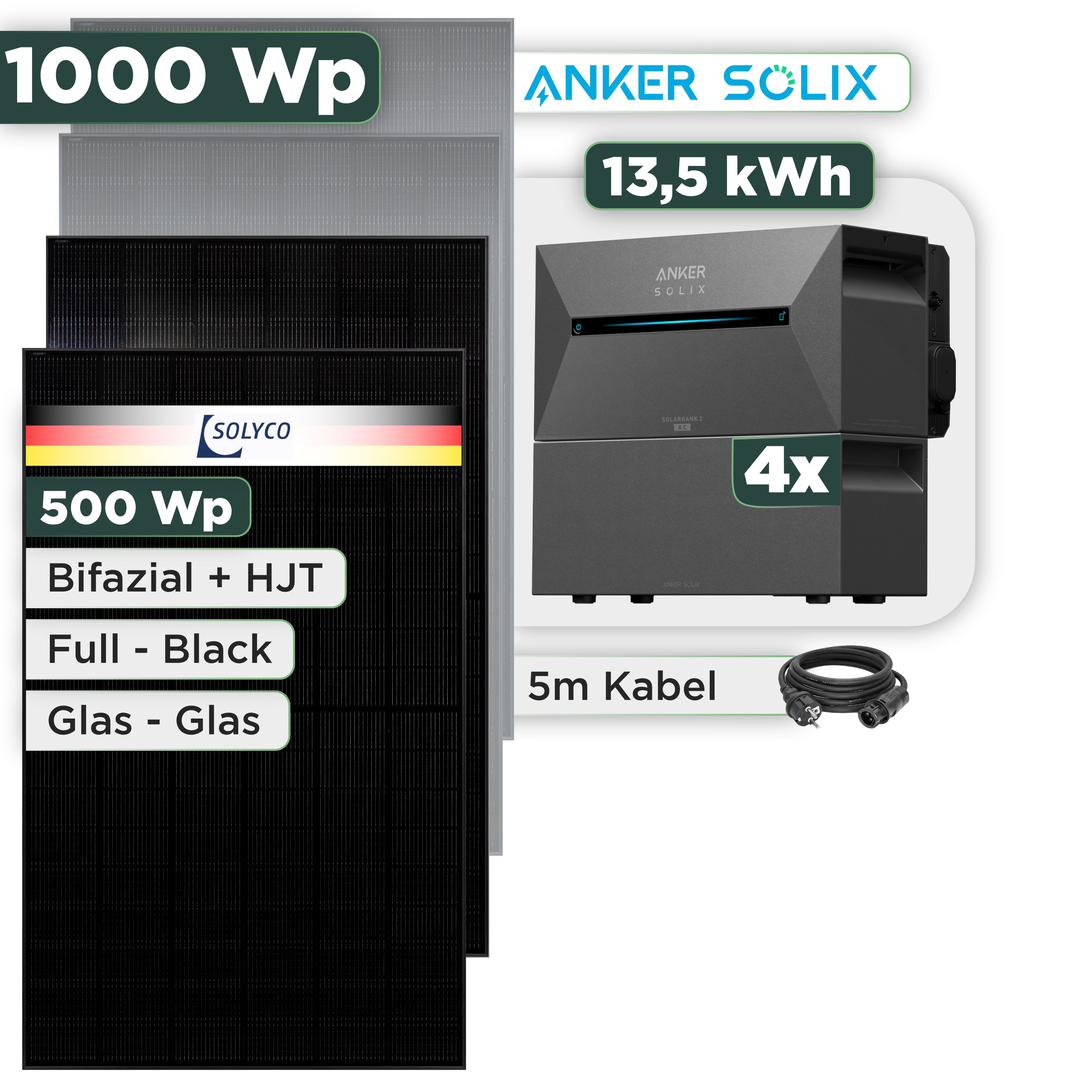 Balkonkraftwerk Set 1000 Wp Anker Solarbank 3 Pro / 13,5 kWh / Solyco 500 Wp Glas-Glas Fullblack-Modul Bifazial / 2 Module / Schuko Stecker / 3 m