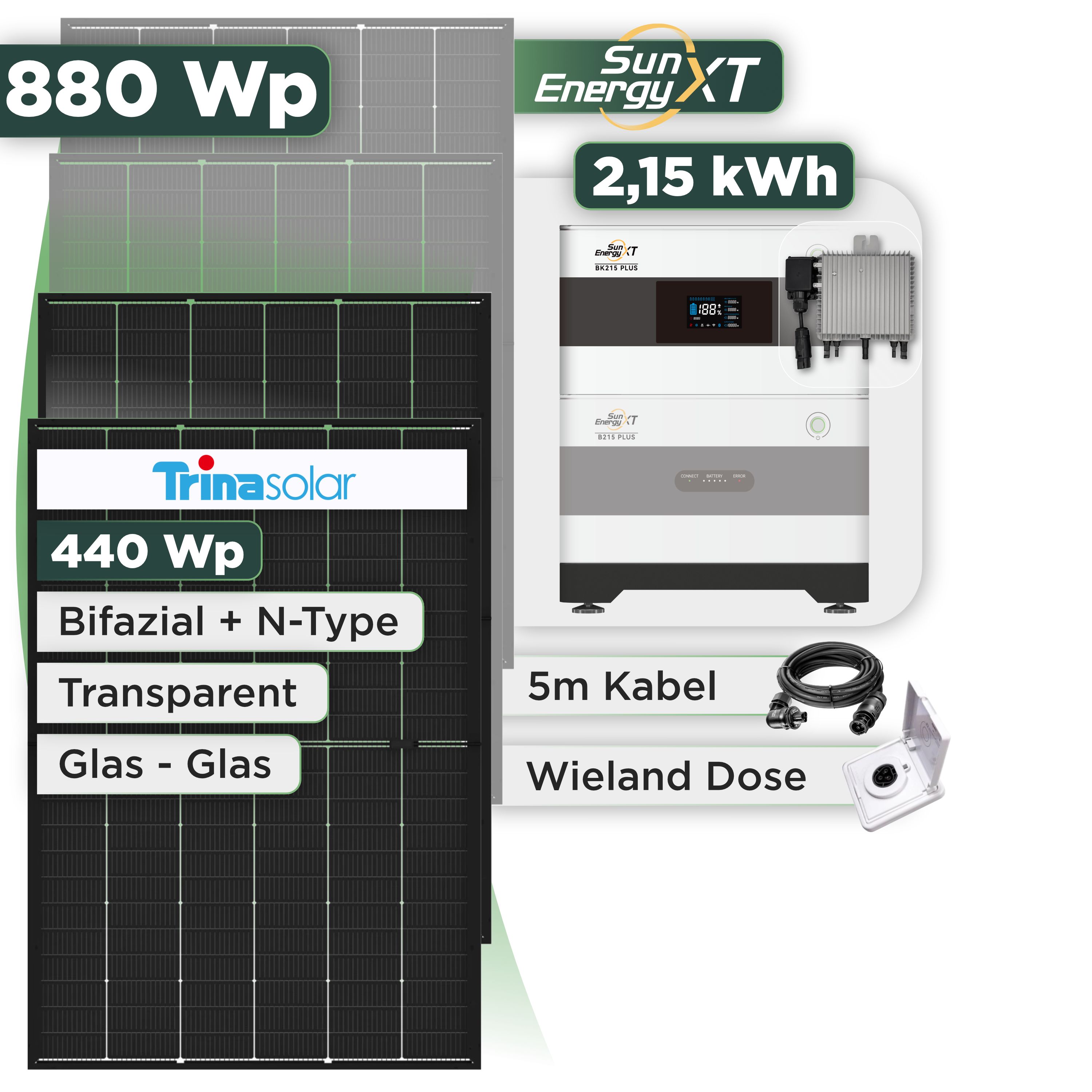 Balkonkraftwerk Set 880 Wp SunEnergyXT Plus / 2,15 kWh / Trina 440 Wp Glas-Glas Bifazial Modul / 2 Module / Deye 800 W / Wieland Stecker + Dose