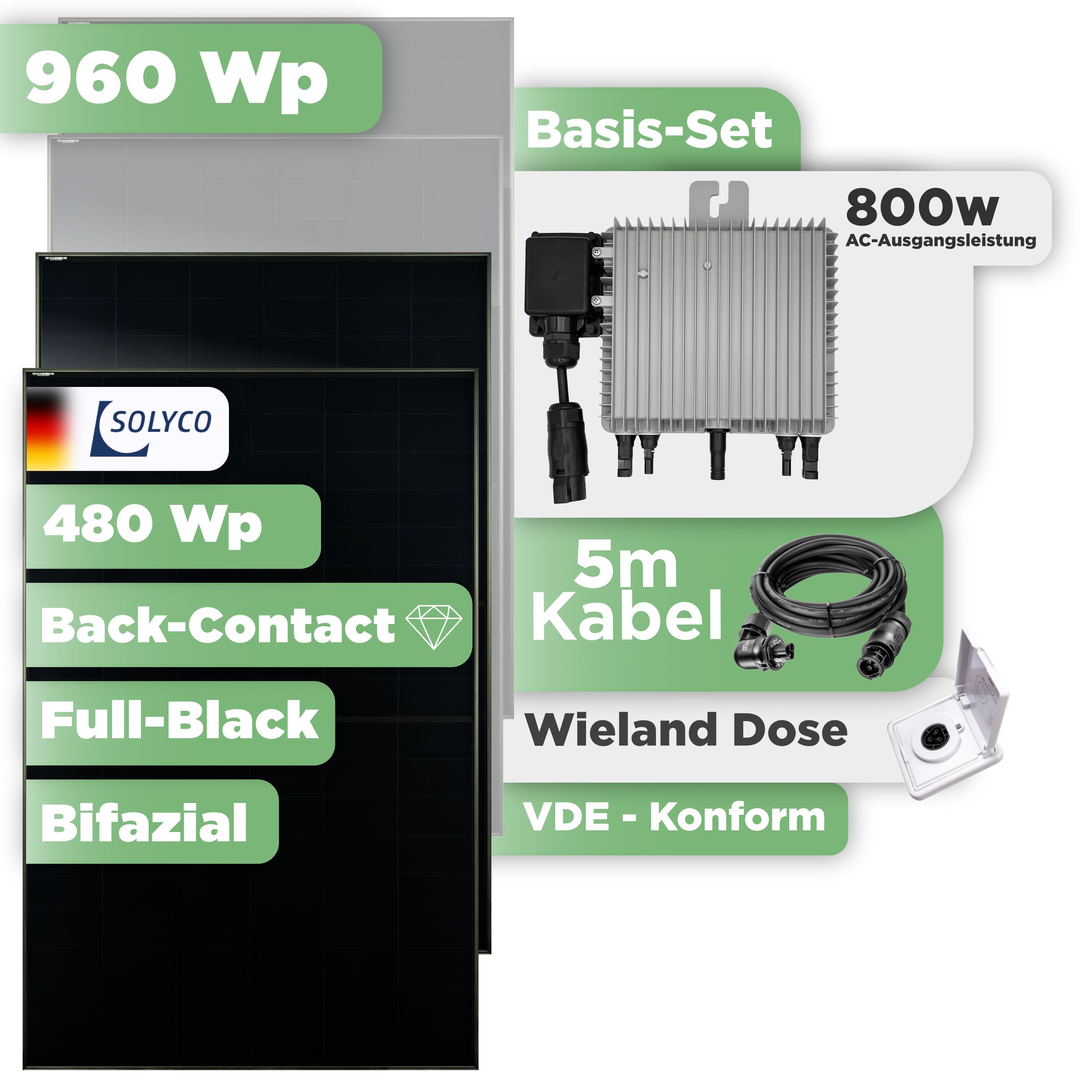 Balkonkraftwerk Basic Set 960 Wp Solyco 480 Wp Glas-Glas Fullblack Back Contact Modul / 2 Module / Deye 800 W / Wieland Stecker + Dose
