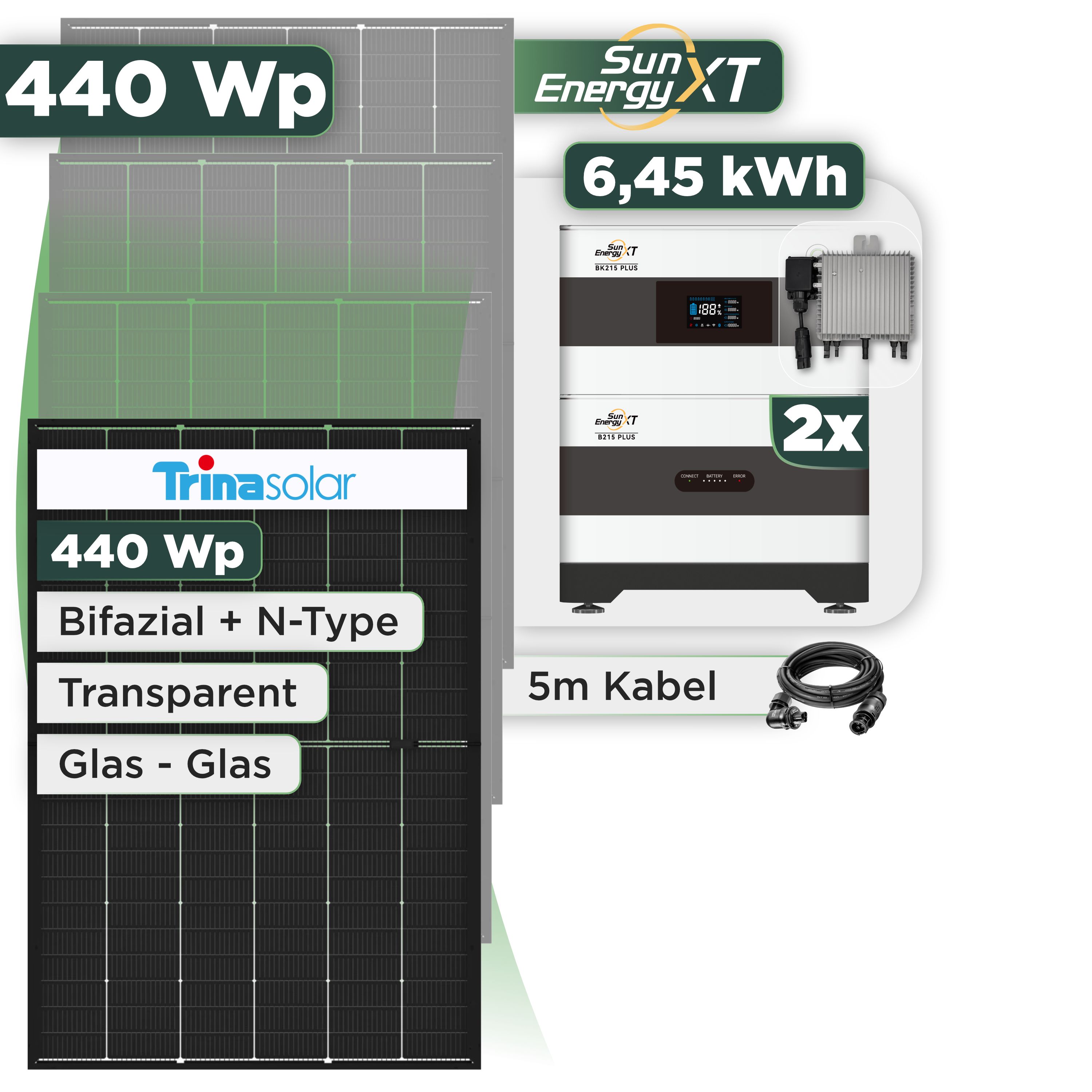 Balkonkraftwerk Set 440 Wp SunEnergyXT Plus / 6,45 kWh / Trina 440 Wp Glas-Glas Bifazial Modul / 1 Modul / Deye 800 W / Wieland Stecker