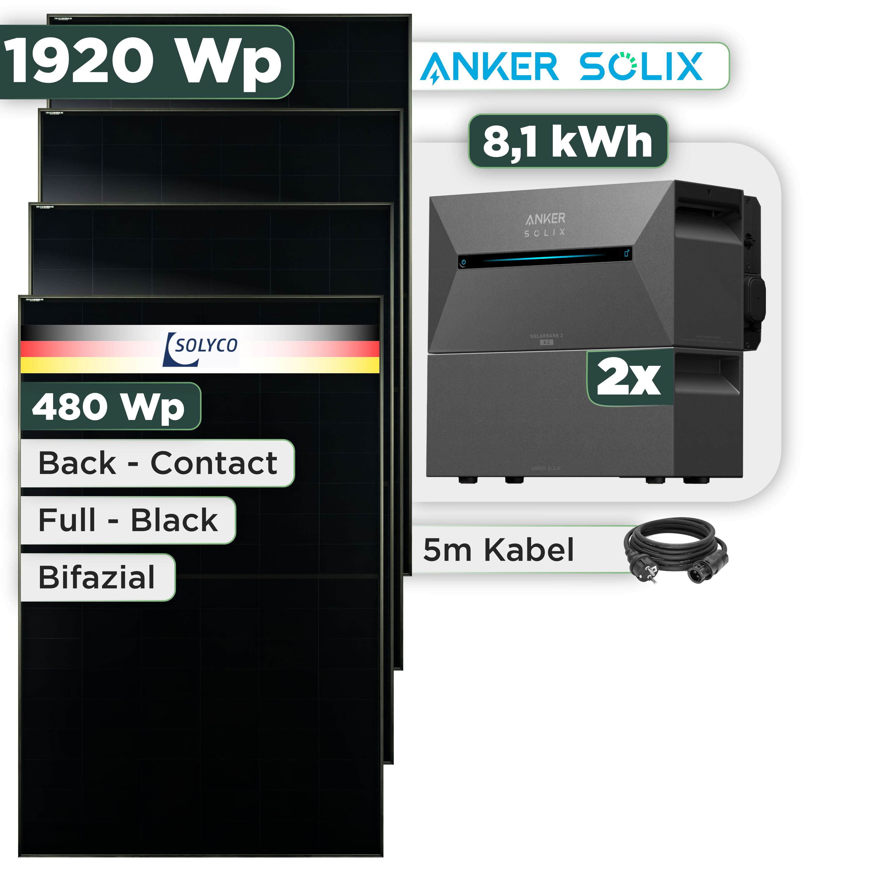 Balkonkraftwerk Set 1920 Wp Anker Solarbank 3 Pro / 8,1 kWh / Solyco 480 Wp Glas-Glas Fullblack Back Contact Modul / 4 Module / Schuko Stecker / 3 m