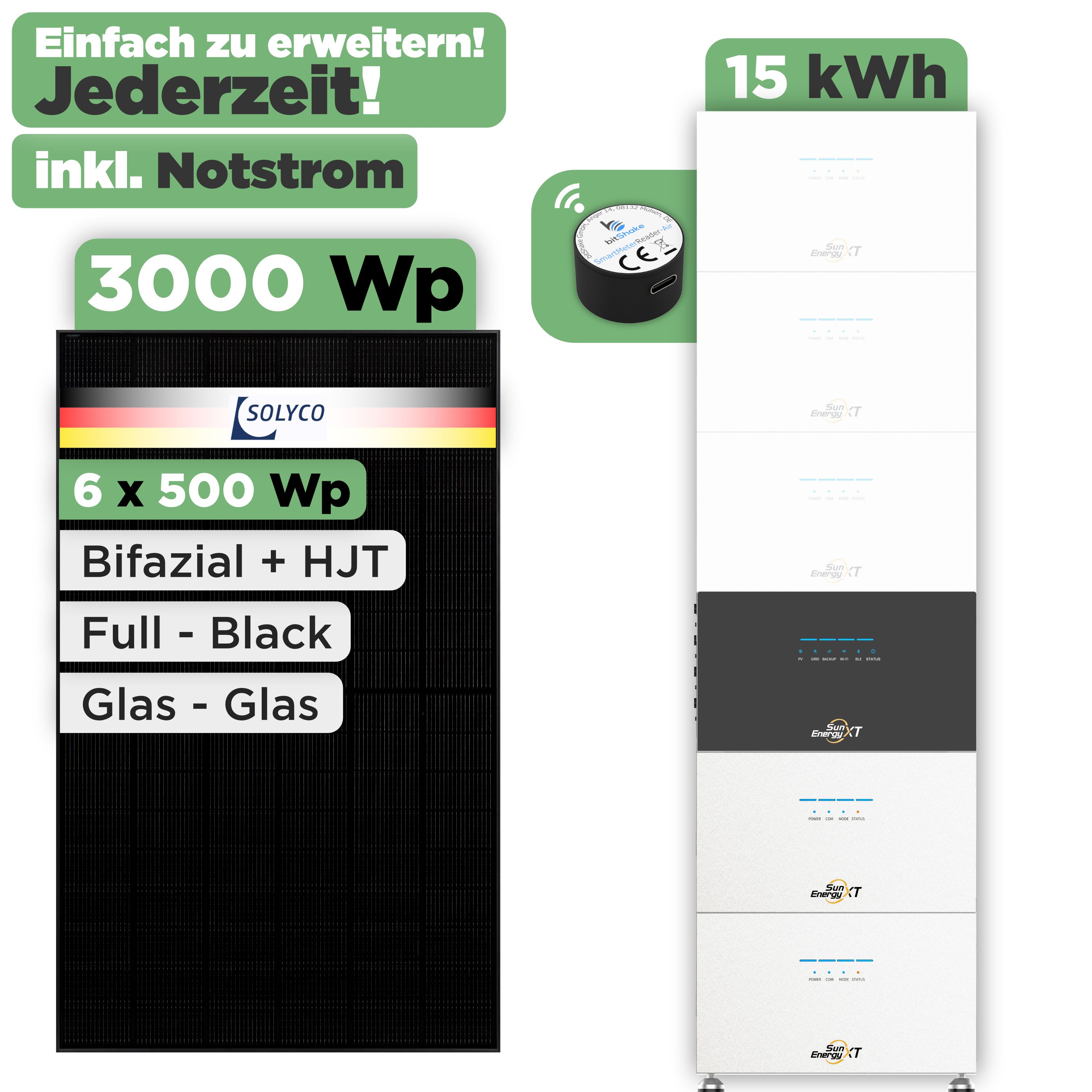 SunEnergyXT 500 Modulset 3000 Wp SunEnergyXT 500 (800 W) / 15 kWh / IR Lesekopf / Solyco 500 Wp / 6 Module