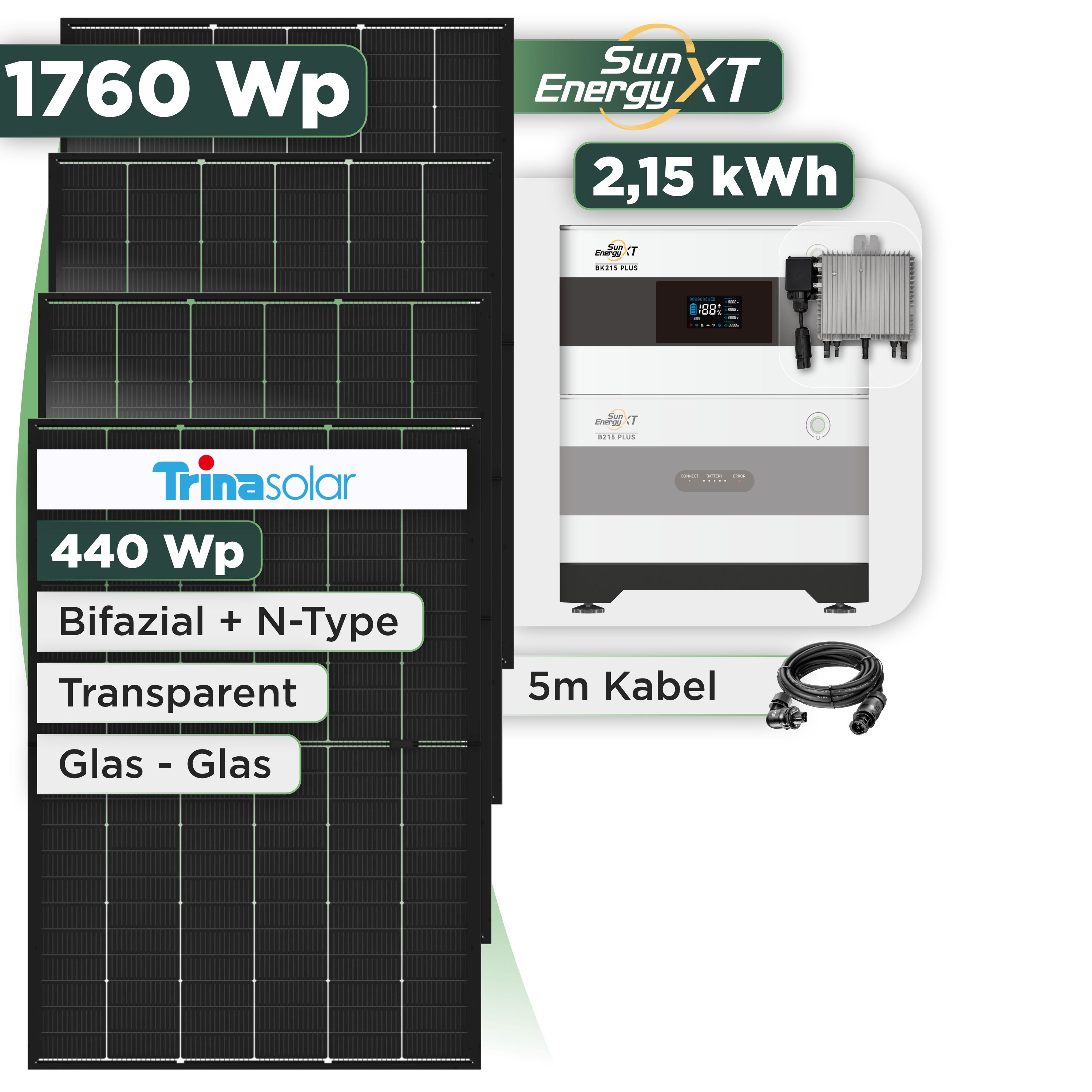Balkonkraftwerk Set 1760 Wp SunEnergyXT Plus / 2,15 kWh / Trina 440 Wp Glas-Glas Bifazial Modul / 4 Module / Deye 800 W / Wieland Stecker