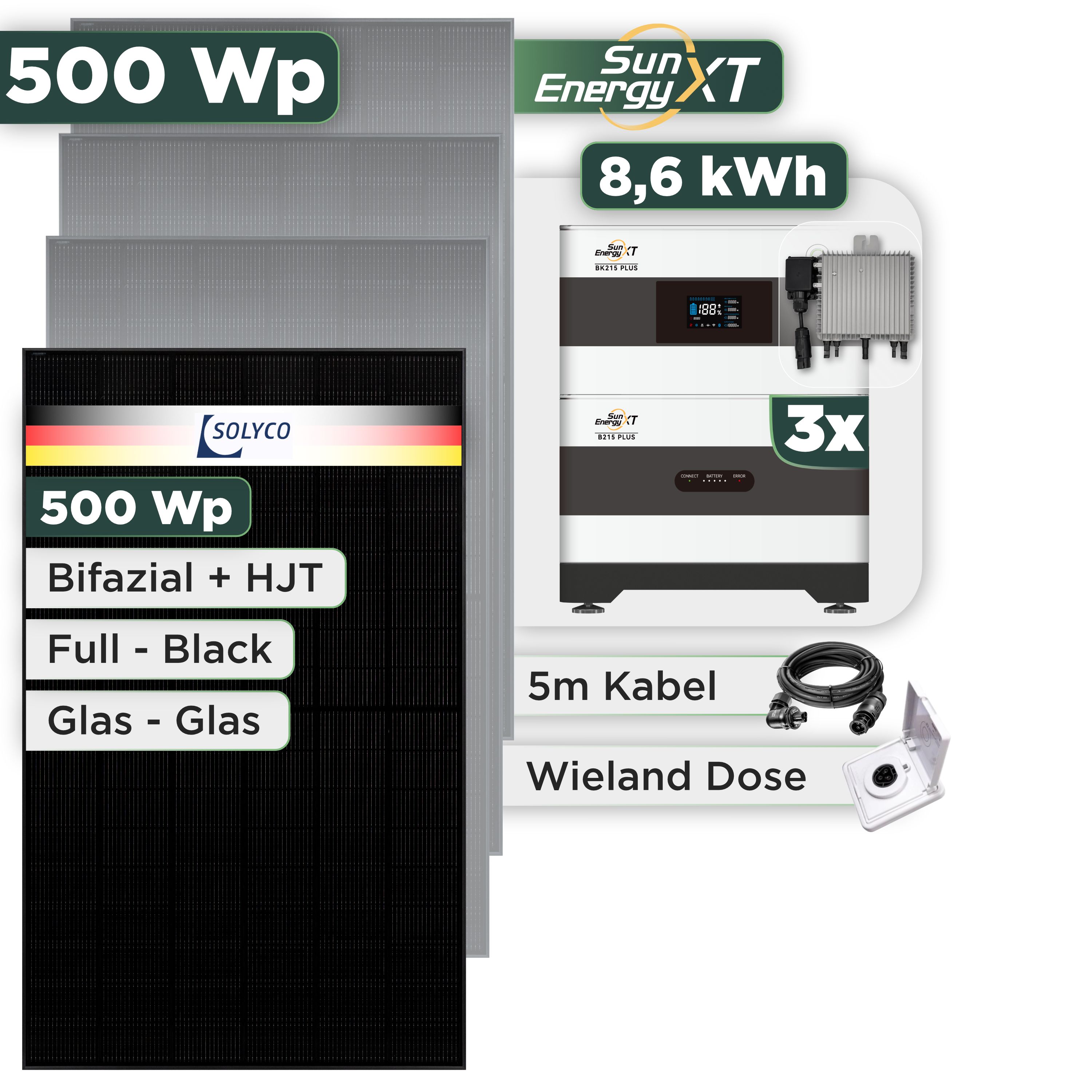 Balkonkraftwerk Set 500 Wp SunEnergyXT Plus / 8,6 kWh / Solyco 500 Wp Glas-Glas Fullblack-Modul Bifazial / 1 Modul / Deye 800 W / Wieland Stecker + Dose