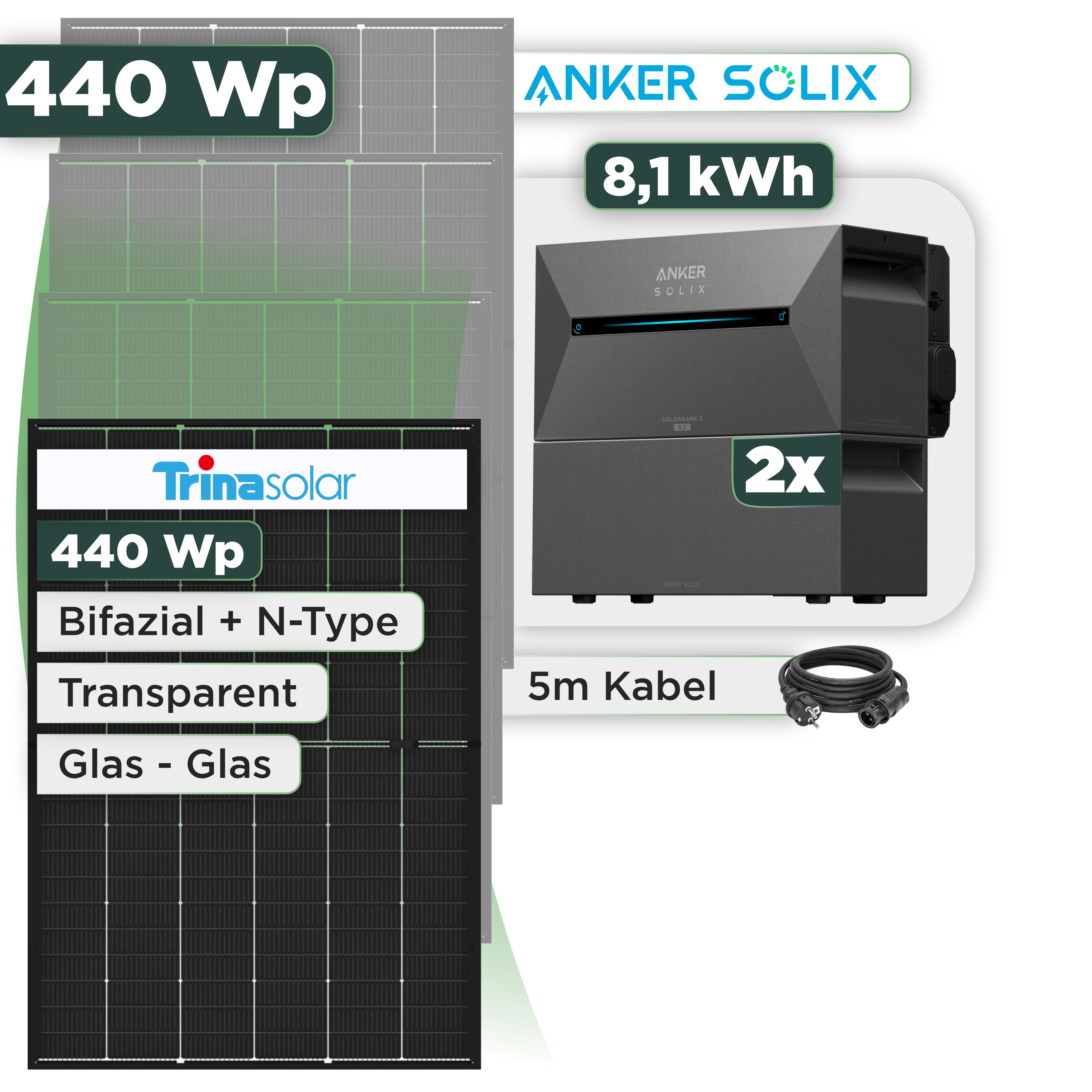 Balkonkraftwerk Set 440 Wp Anker Solarbank 3 Pro / 8,1 kWh / Trina 440 Wp Glas-Glas Bifazial Modul / 1 Modul / Schuko Stecker / 3 m