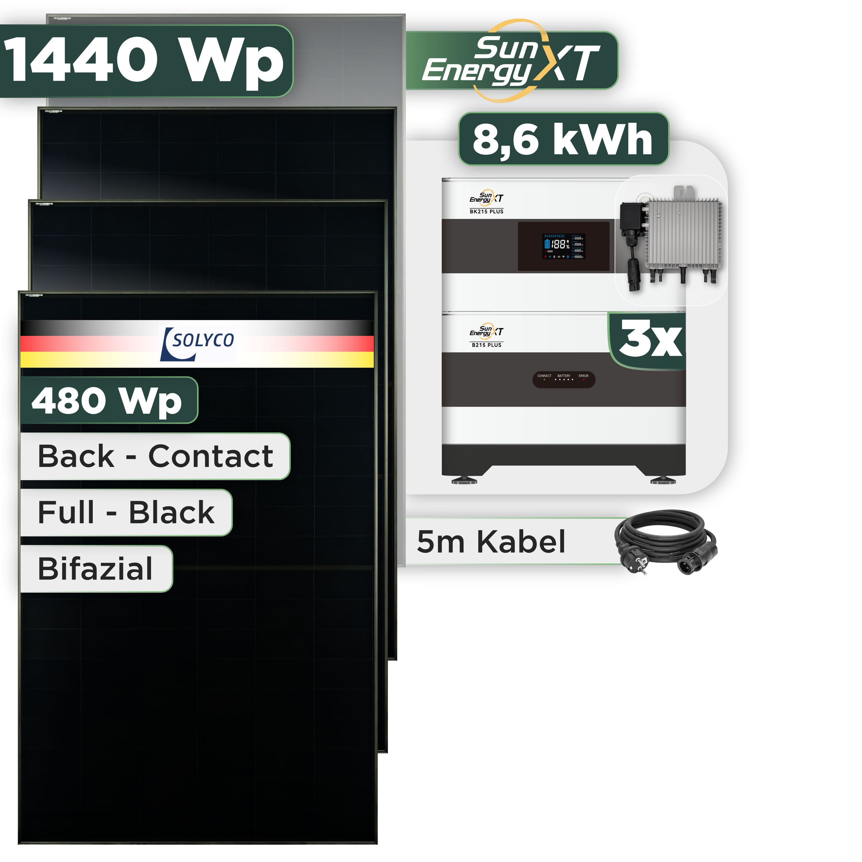 Balkonkraftwerk Set 1440 Wp SunEnergyXT Plus / 8,6 kWh / Solyco 480 Wp Glas-Glas Fullblack Back Contact Modul / 3 Module / Deye 800 W / Schuko Stecker