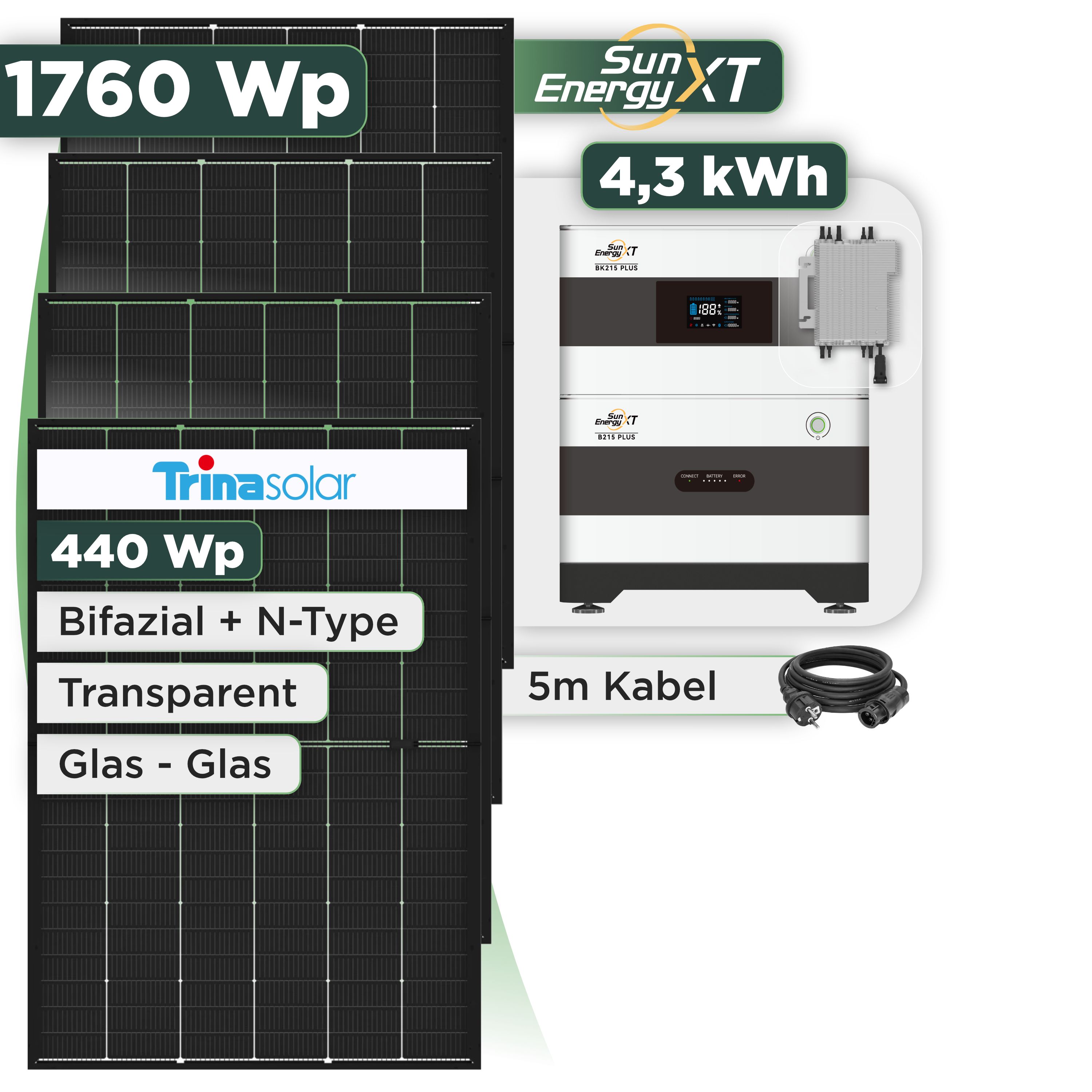 Balkonkraftwerk Set 1760 Wp SunEnergyXT Plus / 4,3 kWh / Trina 440 Wp Glas-Glas Bifazial Modul / 4 Module / Deye 2000 W / Schuko Stecker