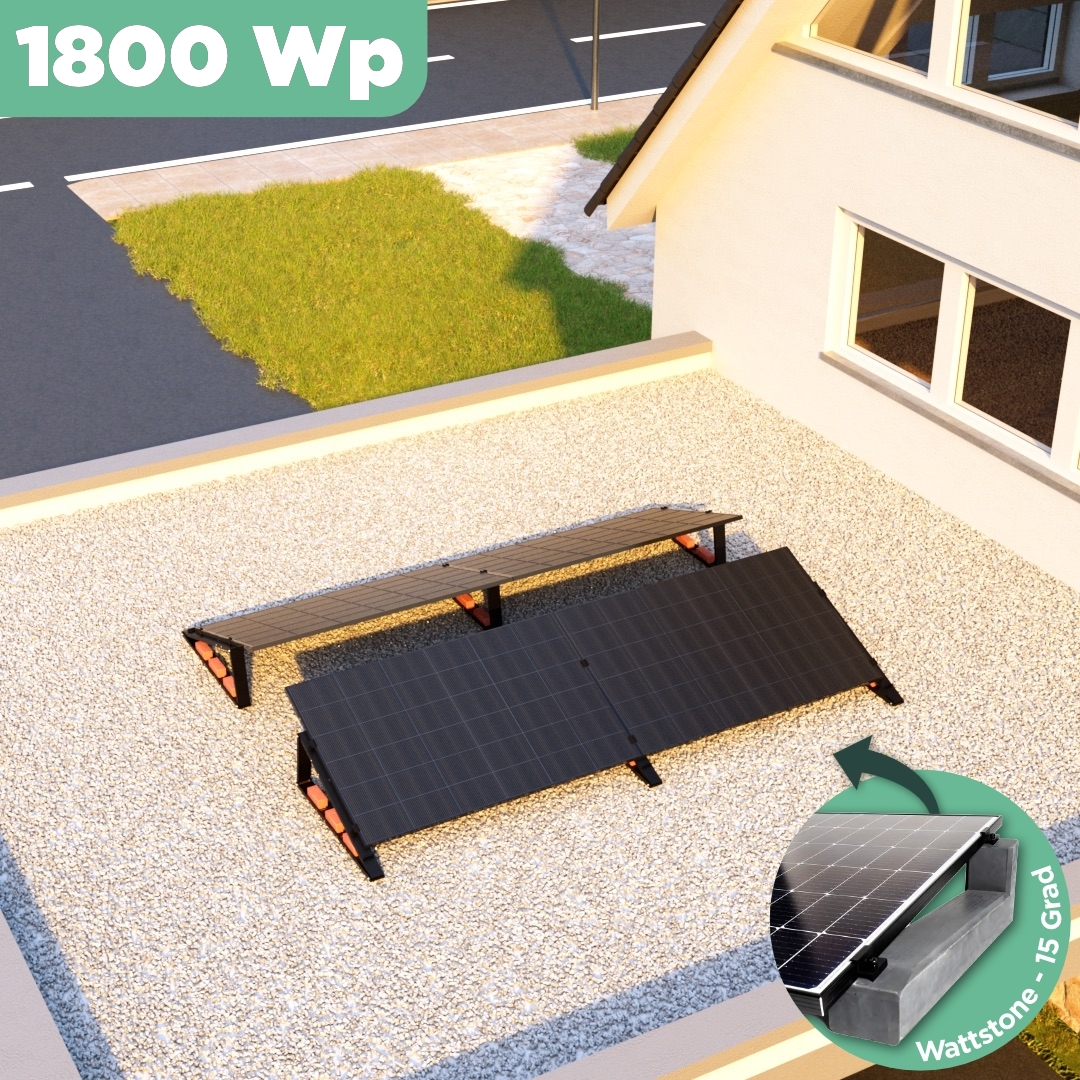 Balkonkraftwerk Flachdach 1800 Wp — APsystems EZ1-M 800 W / Trina Solar / 450 Wp (Glas-Glas Full Black) / Premium - Wattstone Black 15°  / zwei Reihen quer / 4 Module / 20 m