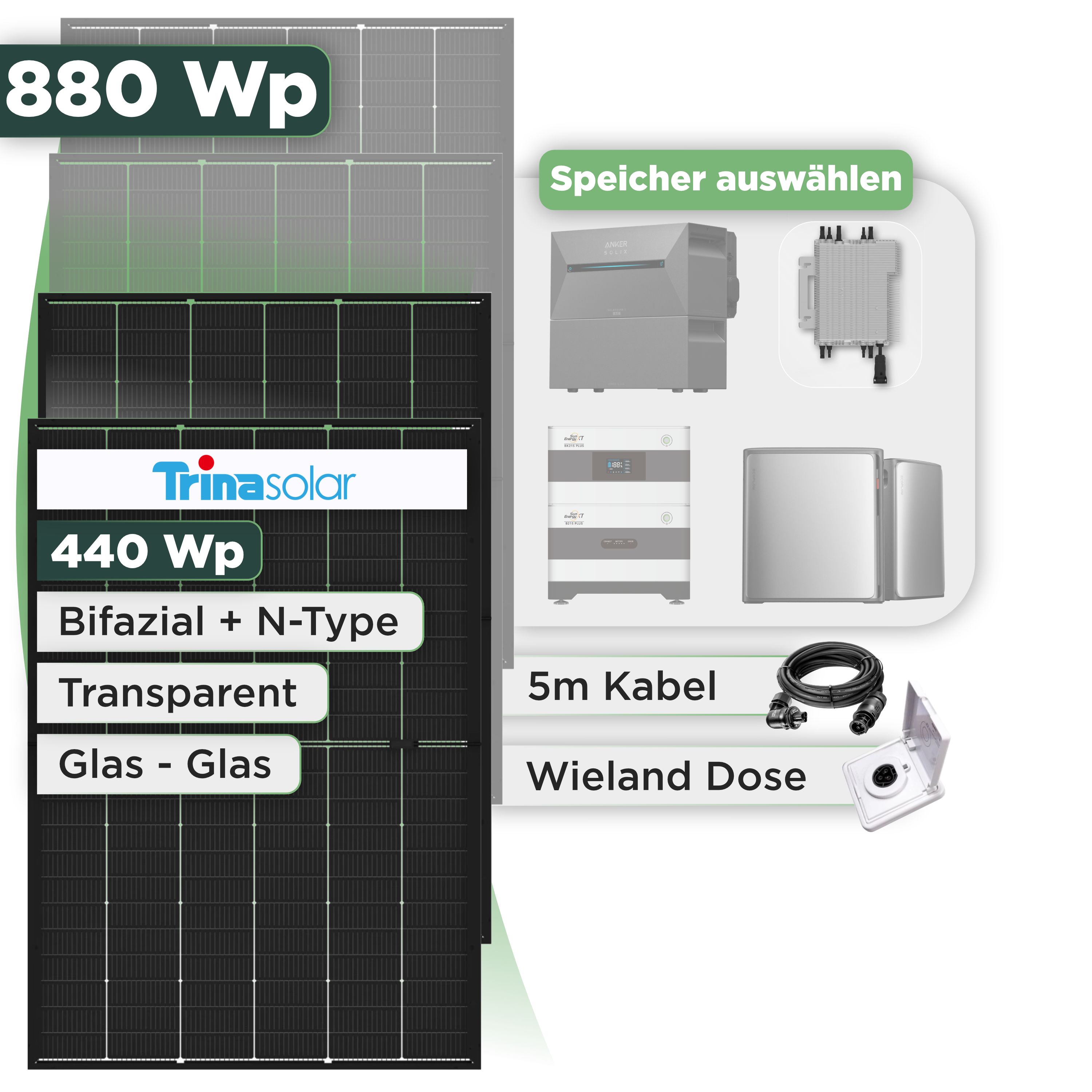 Balkonkraftwerk Set 880 Wp Trina 440 Wp Glas-Glas Bifazial Modul / 2 Module / Deye 2000 W / Wieland Stecker + Dose