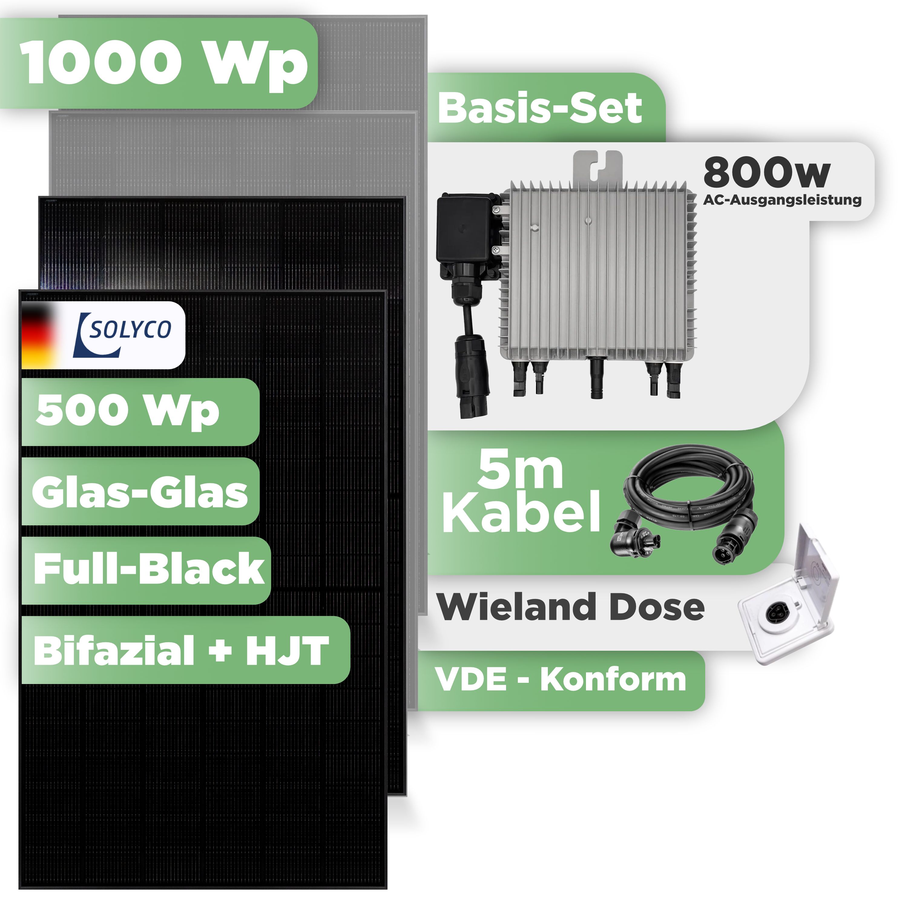 Balkonkraftwerk Basic Set 1000 Wp Solyco 500 Wp Glas-Glas Fullblack-Modul Bifazial / 2 Module / Deye 800 W / Wieland Stecker + Dose