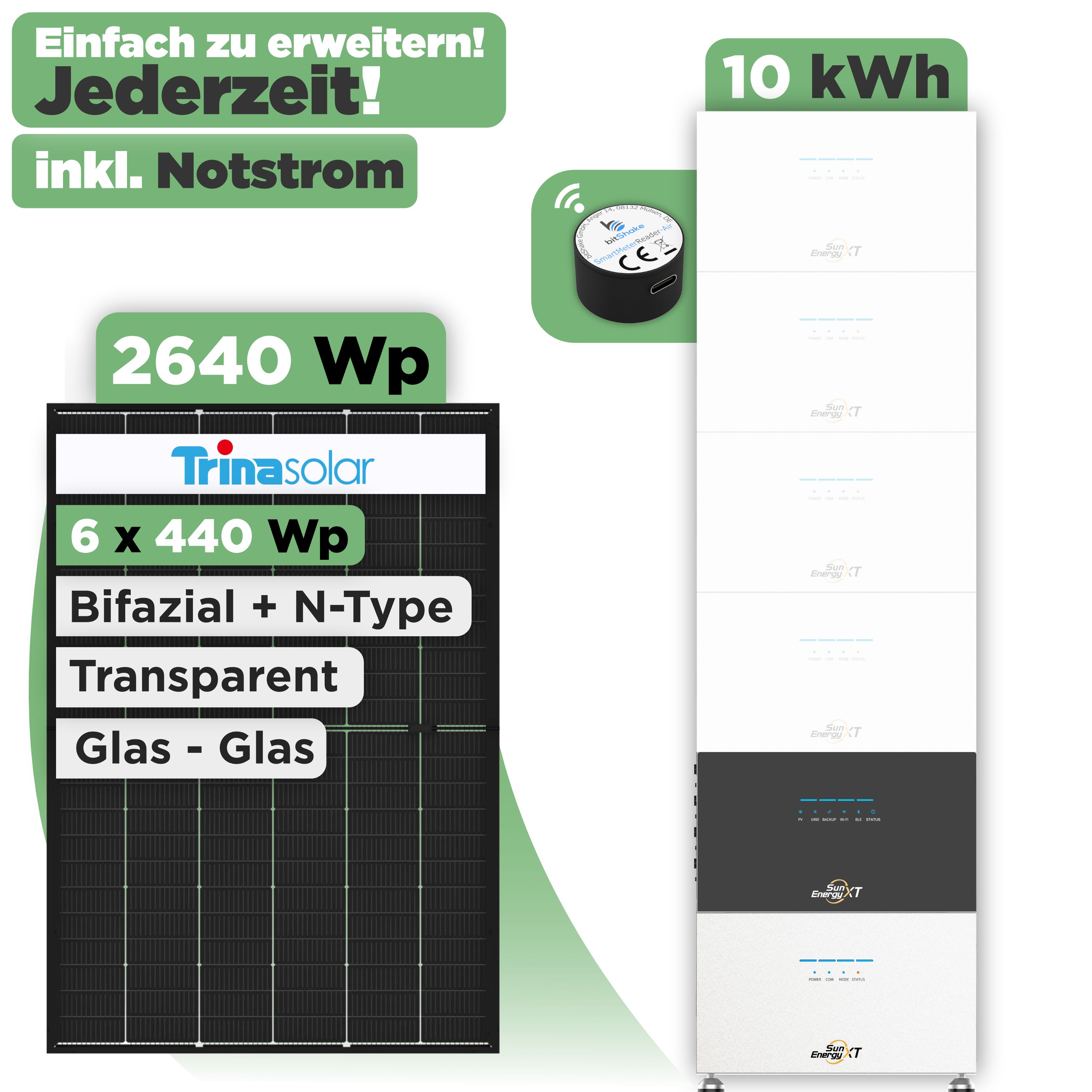 SunEnergyXT 500 Modulset 2640 Wp SunEnergyXT 500 (800 W) / 10 kWh / IR Lesekopf / Trina 440 Wp / 6 Module