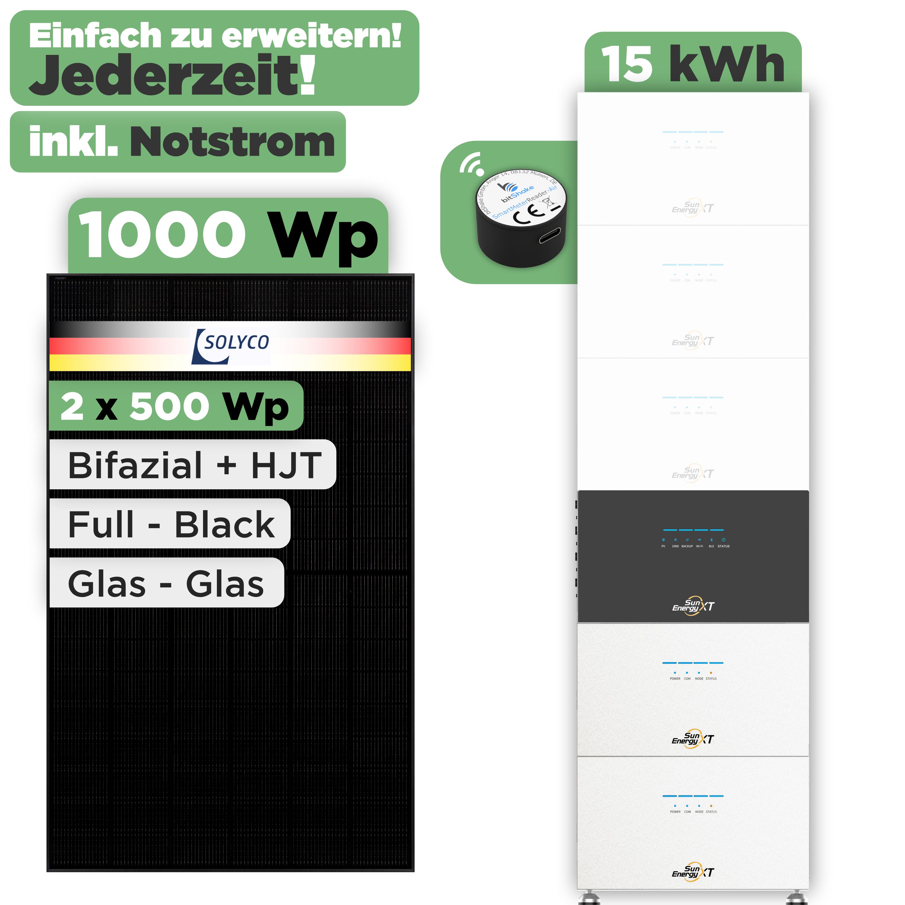 SunEnergyXT 500 Modulset 1000 Wp SunEnergyXT 500 (800 W) / 15 kWh / IR Lesekopf / Solyco 500 Wp / 2 Module