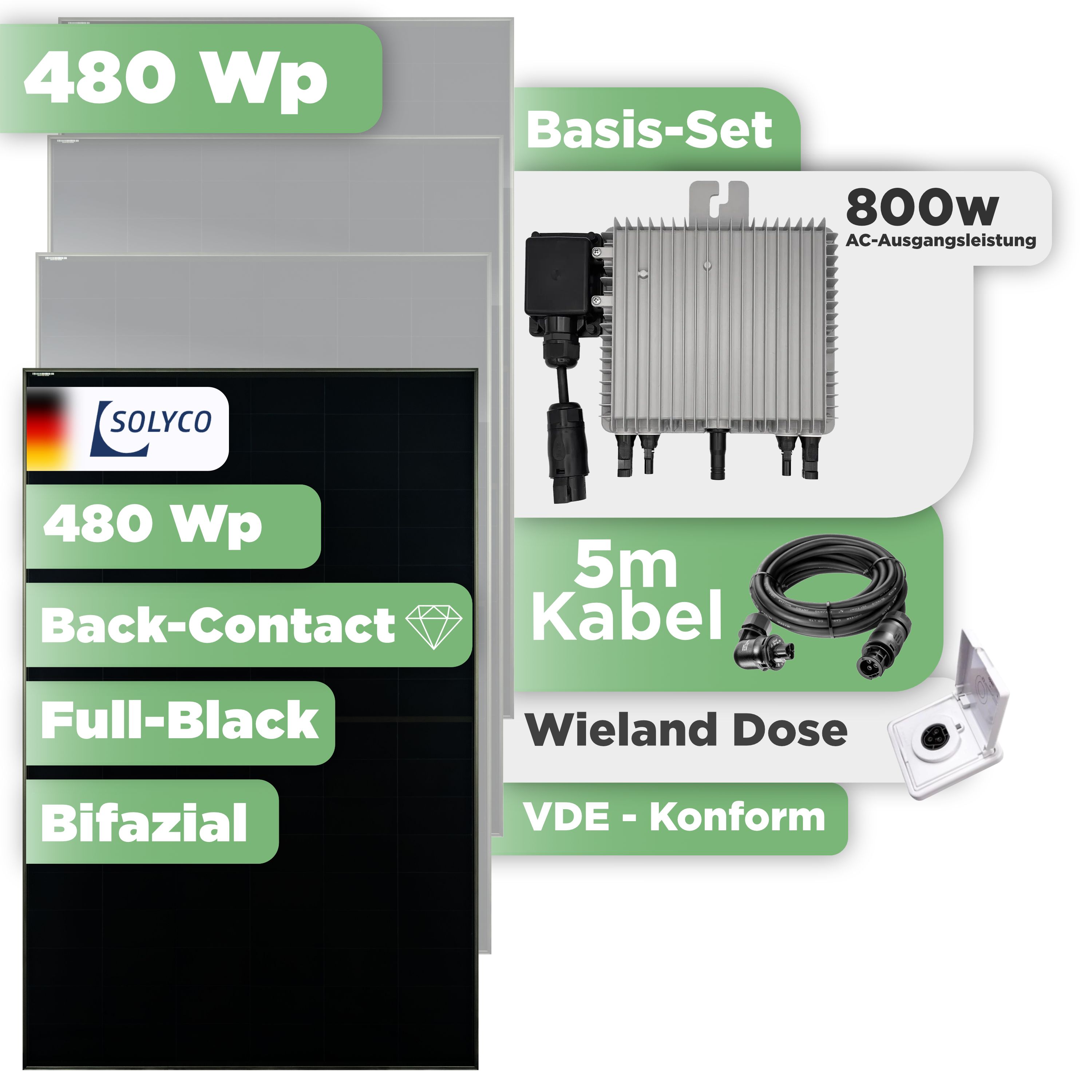 Balkonkraftwerk Basic Set 480 Wp Solyco 480 Wp Glas-Glas Fullblack Back Contact Modul / 1 Modul / Deye 800 W / Wieland Stecker + Dose