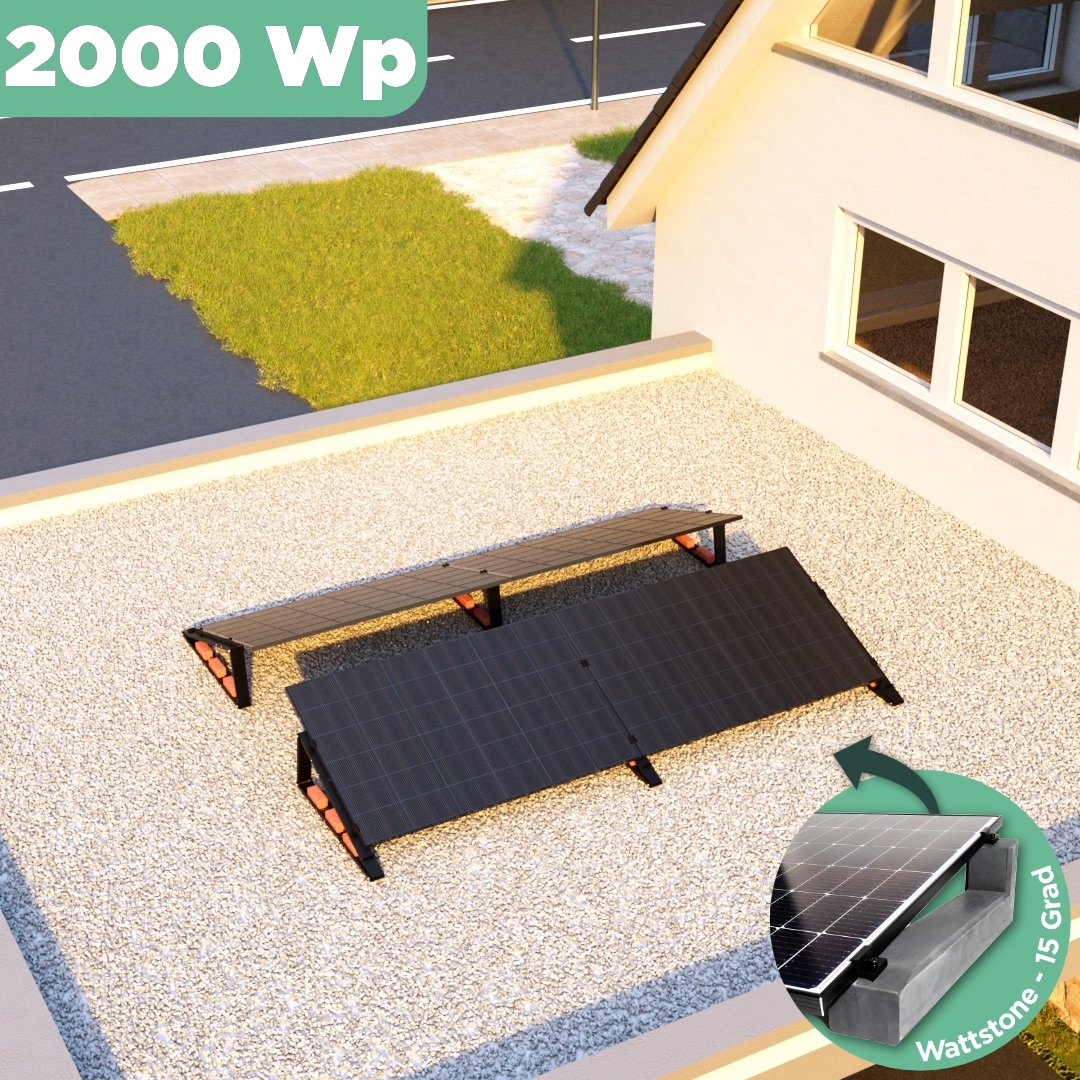 Balkonkraftwerk Flachdach 2000 Wp — APsystems EZ1-M 800 W / Trina Solar / 500 Wp (Glas-Glas Full Black) / Premium - Wattstone Black 15°  / zwei Reihen quer / 4 Module / 20 m