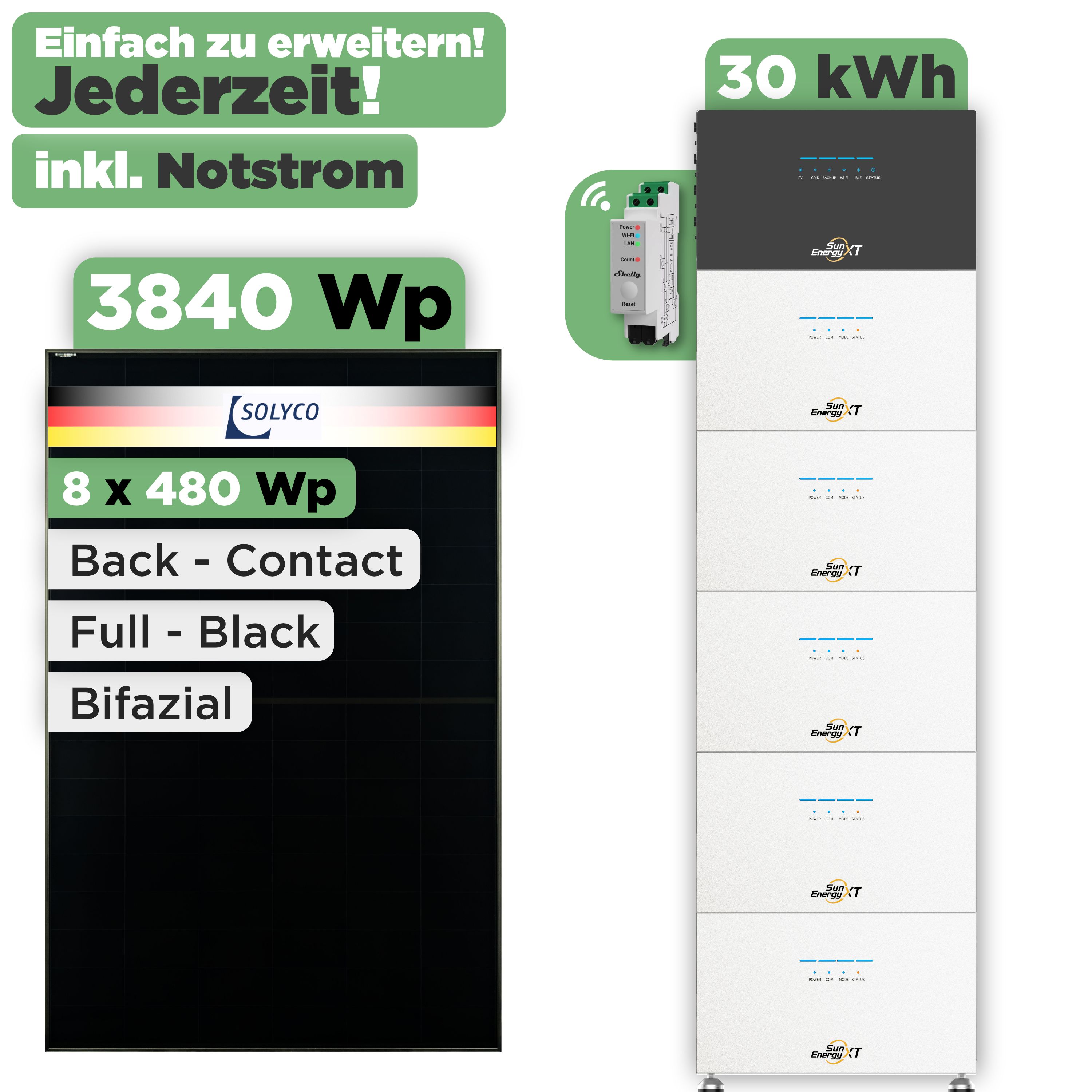 SunEnergyXT 500 Modulset 3840 Wp SunEnergyXT 500 (800 W) / 30 kWh / Shelly 3EM Pro / Solyco 480 Wp / 8 Module
