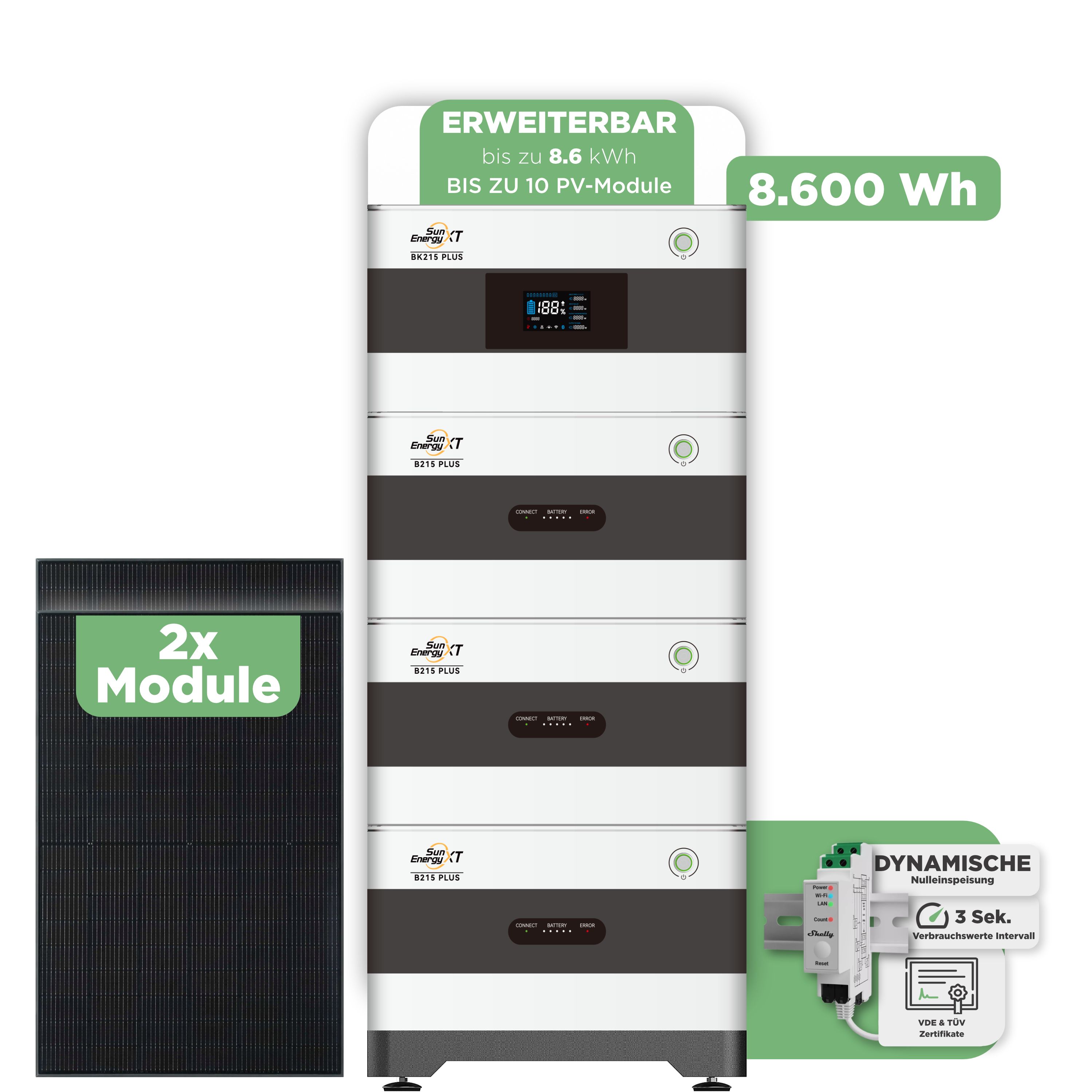 SunEnergyXT BK215 Plus Balkonkraftwerkspeicher 8.600 Wh / mit Shelly 3EM Pro