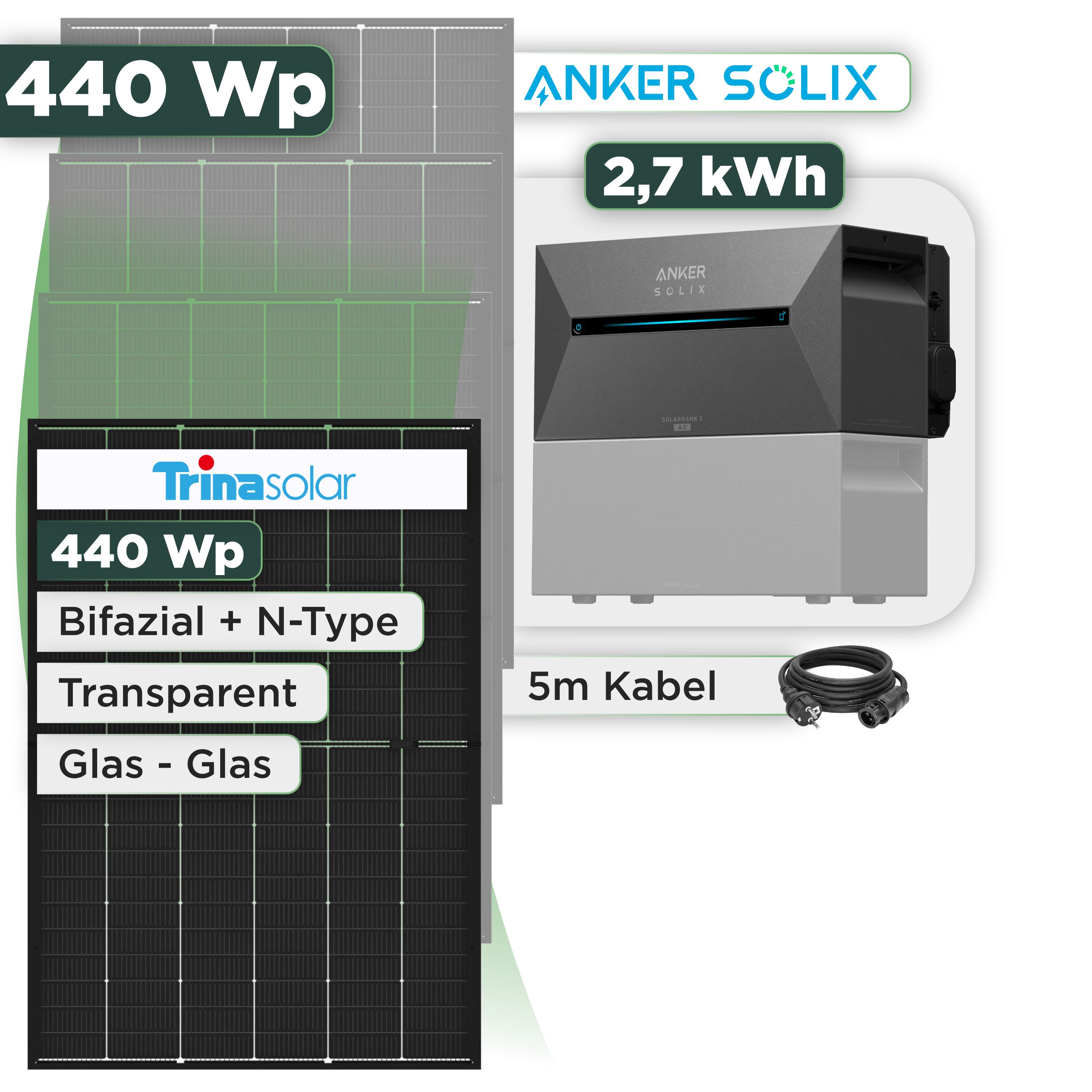 Balkonkraftwerk Set 440 Wp Anker Solarbank 3 Pro / 2,7 kWh / Trina 440 Wp Glas-Glas Bifazial Modul / 1 Modul / Schuko Stecker / 3 m
