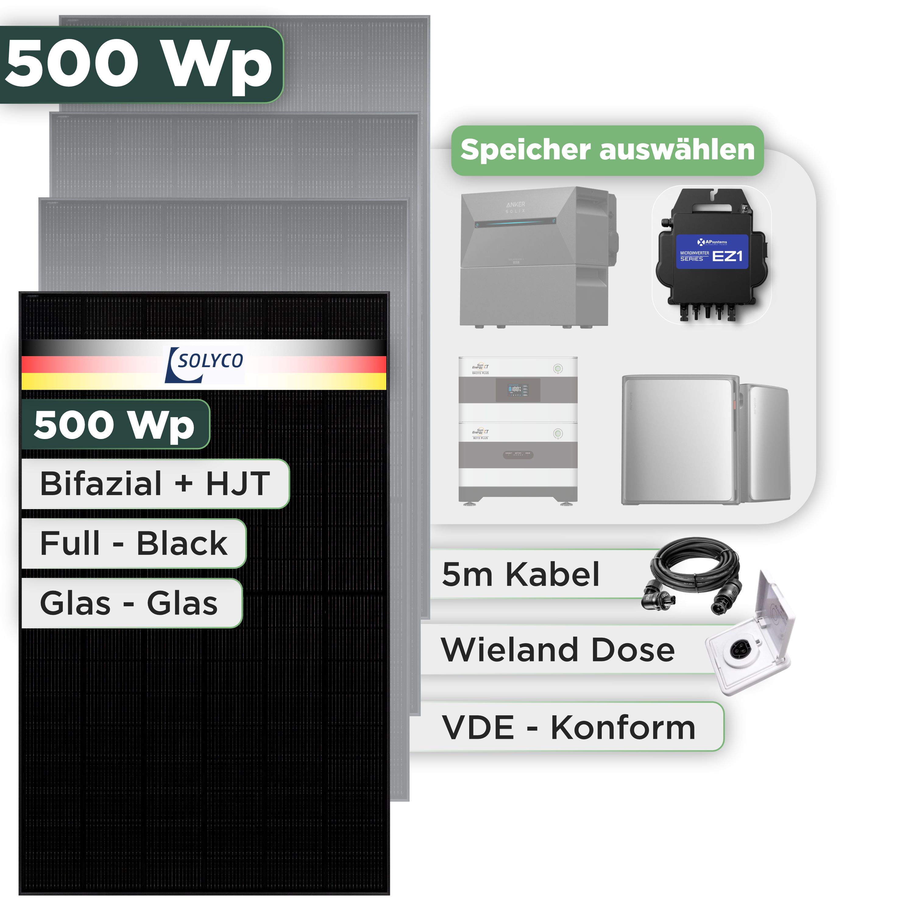 Balkonkraftwerk Set 500 Wp Solyco 500 Wp Glas-Glas Fullblack-Modul Bifazial / 1 Modul / APSystems EZ1-M (bis 800 W) / Wieland Stecker + Dose