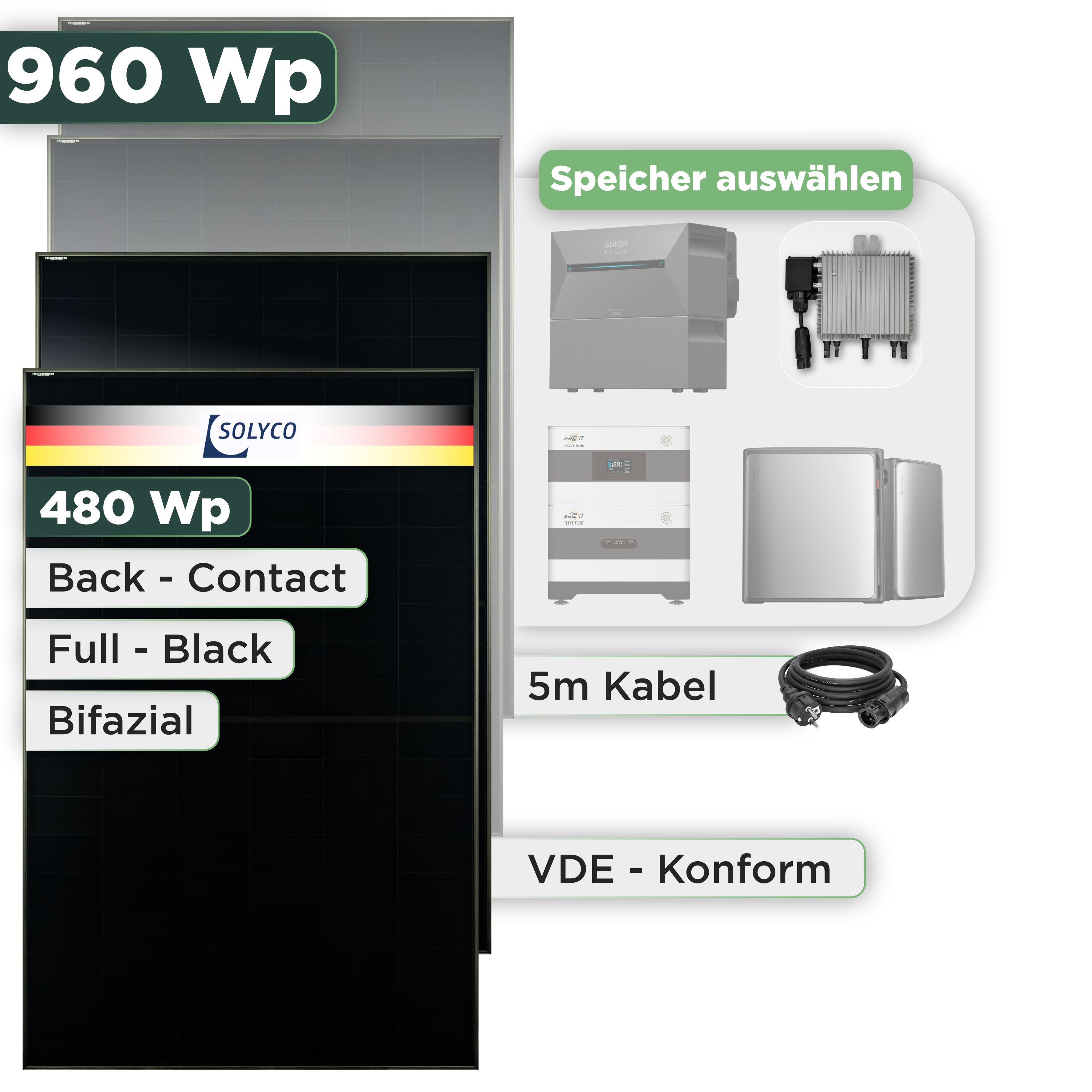 Balkonkraftwerk Set 960 Wp — Solyco 480 Wp Glas-Glas Fullblack Back Contact Modul  / 2 Module / Deye 800 W / Schuko Stecker / 5 m