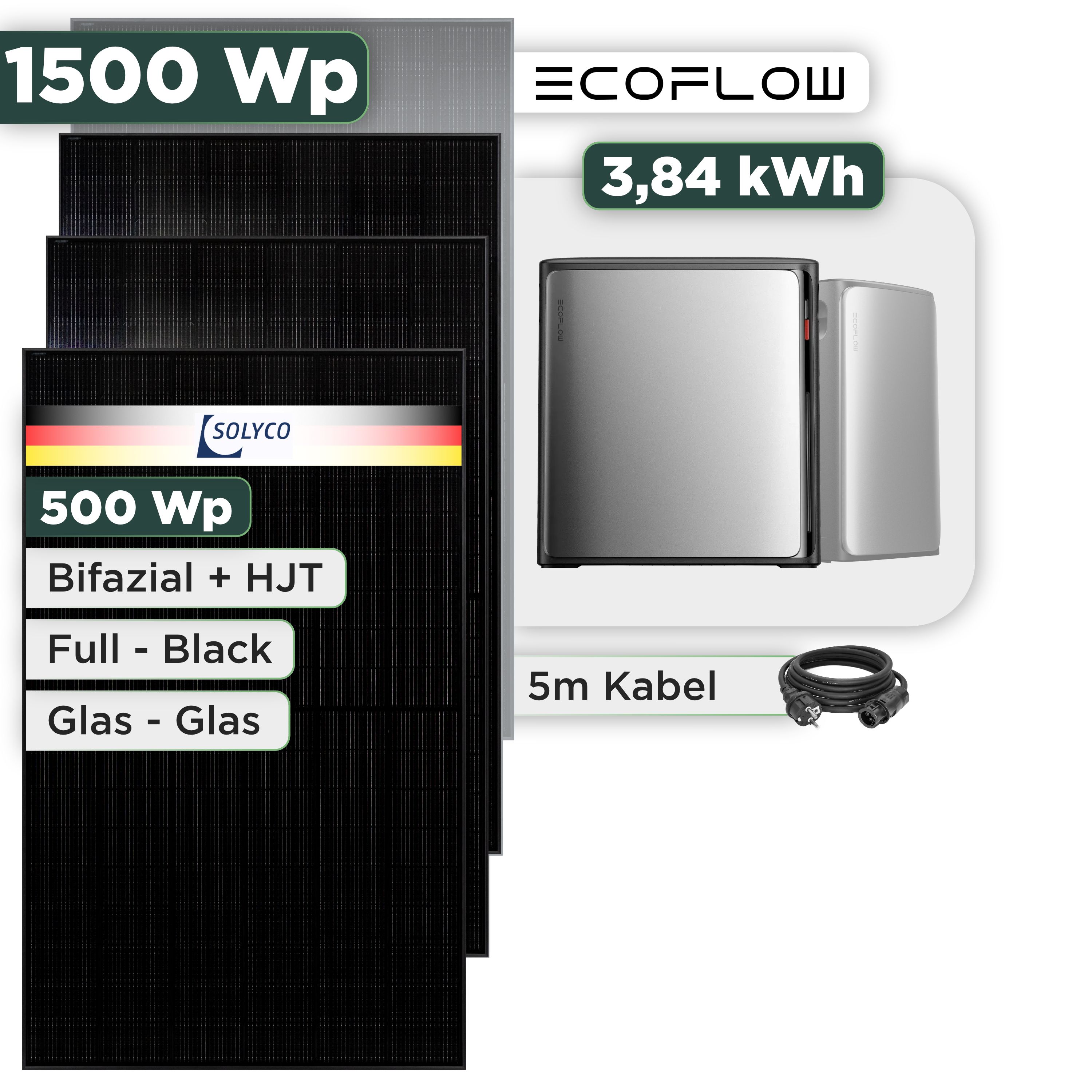 Balkonkraftwerk Set 1500 Wp Ecoflow Stream Ultra X / 3,84 kWh / Solyco 500 Wp Glas-Glas Fullblack-Modul Bifazial / 3 Module / Schuko Stecker / 1,5 m
