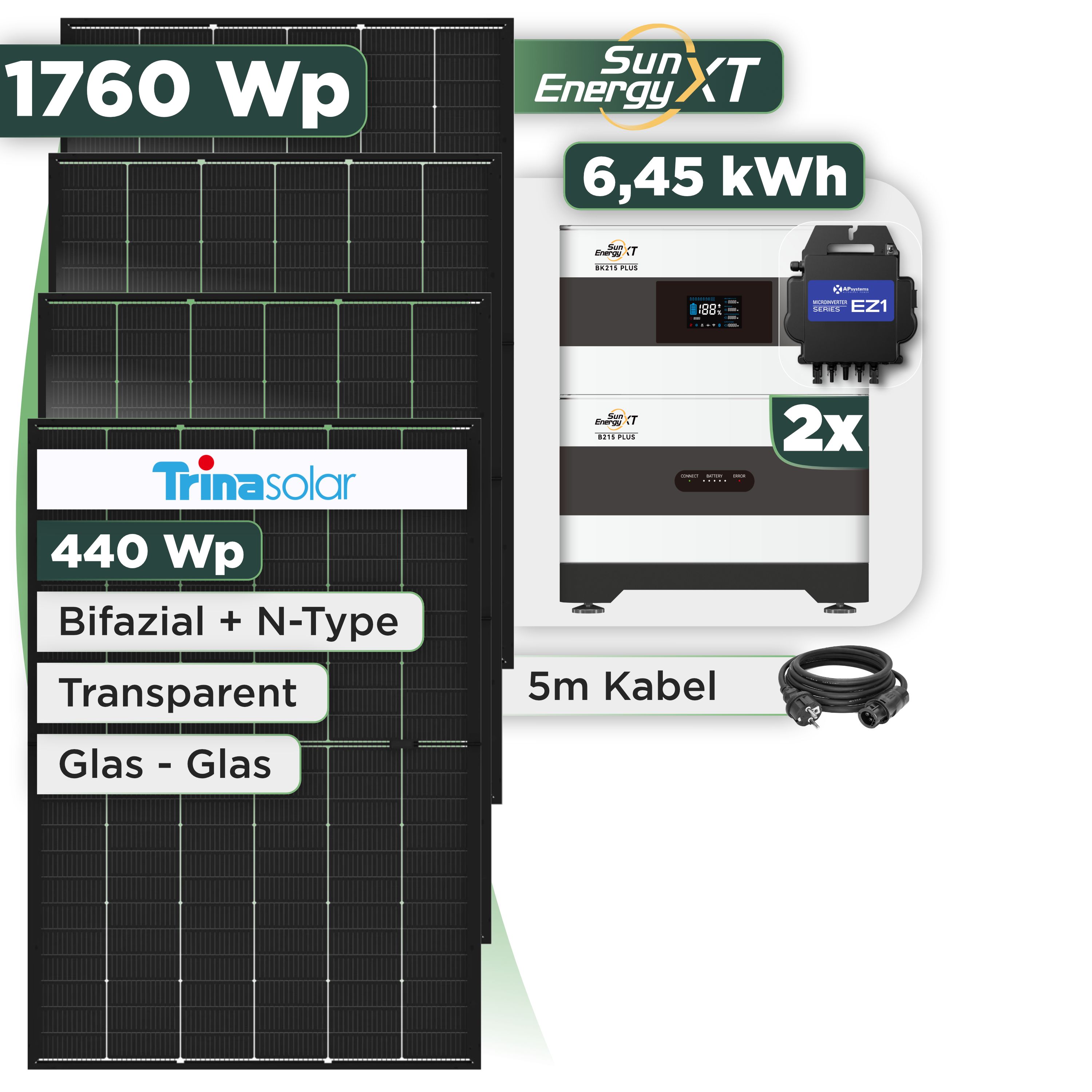 Balkonkraftwerk Set 1760 Wp SunEnergyXT Plus / 6,45 kWh / Trina 440 Wp Glas-Glas Bifazial Modul / 4 Module / APSystems EZ1-M (bis 800 W) / Schuko Stecker