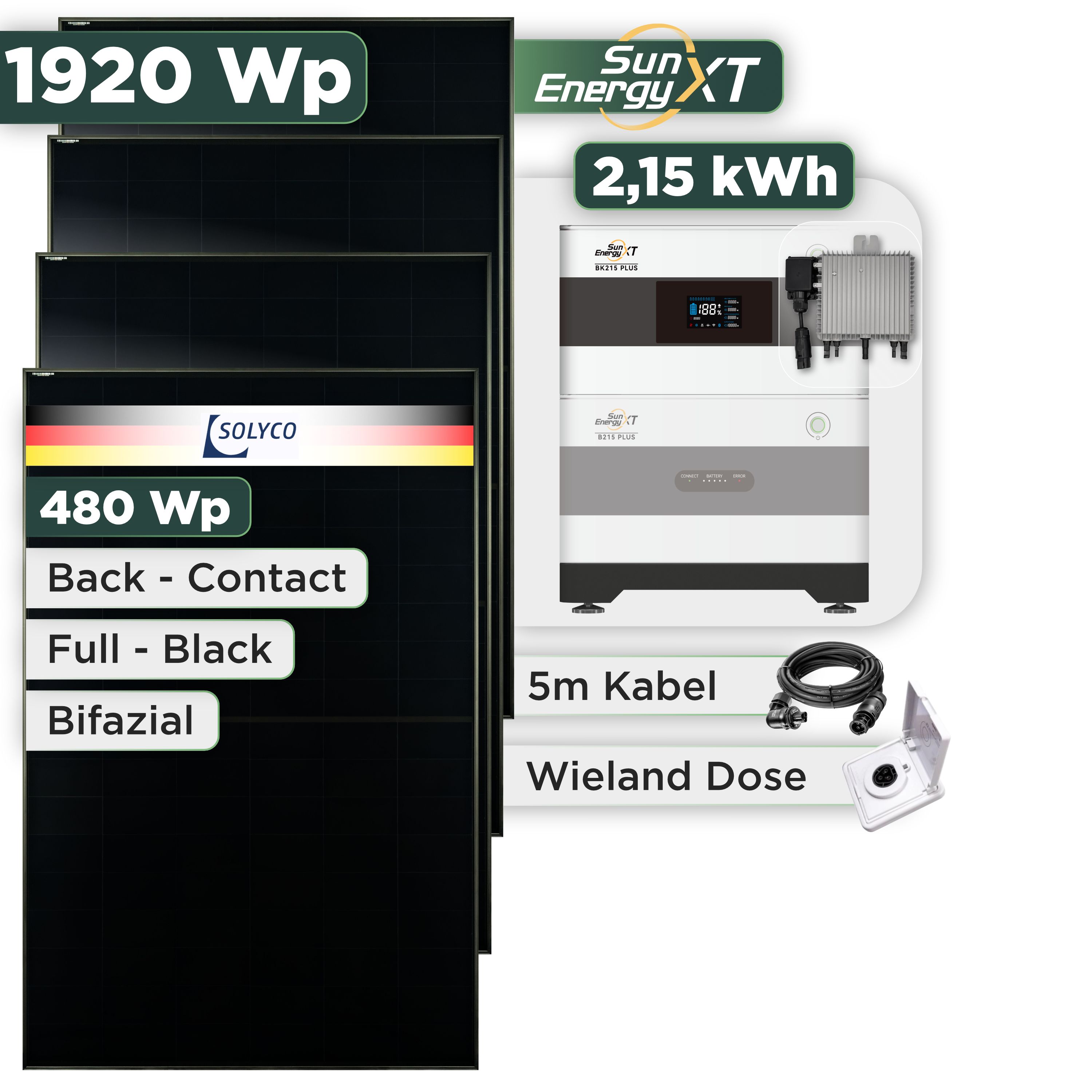Balkonkraftwerk Set 1920 Wp SunEnergyXT Plus / 2,15 kWh / Solyco 480 Wp Glas-Glas Fullblack Back Contact Modul / 4 Module / Deye 800 W / Wieland Stecker + Dose