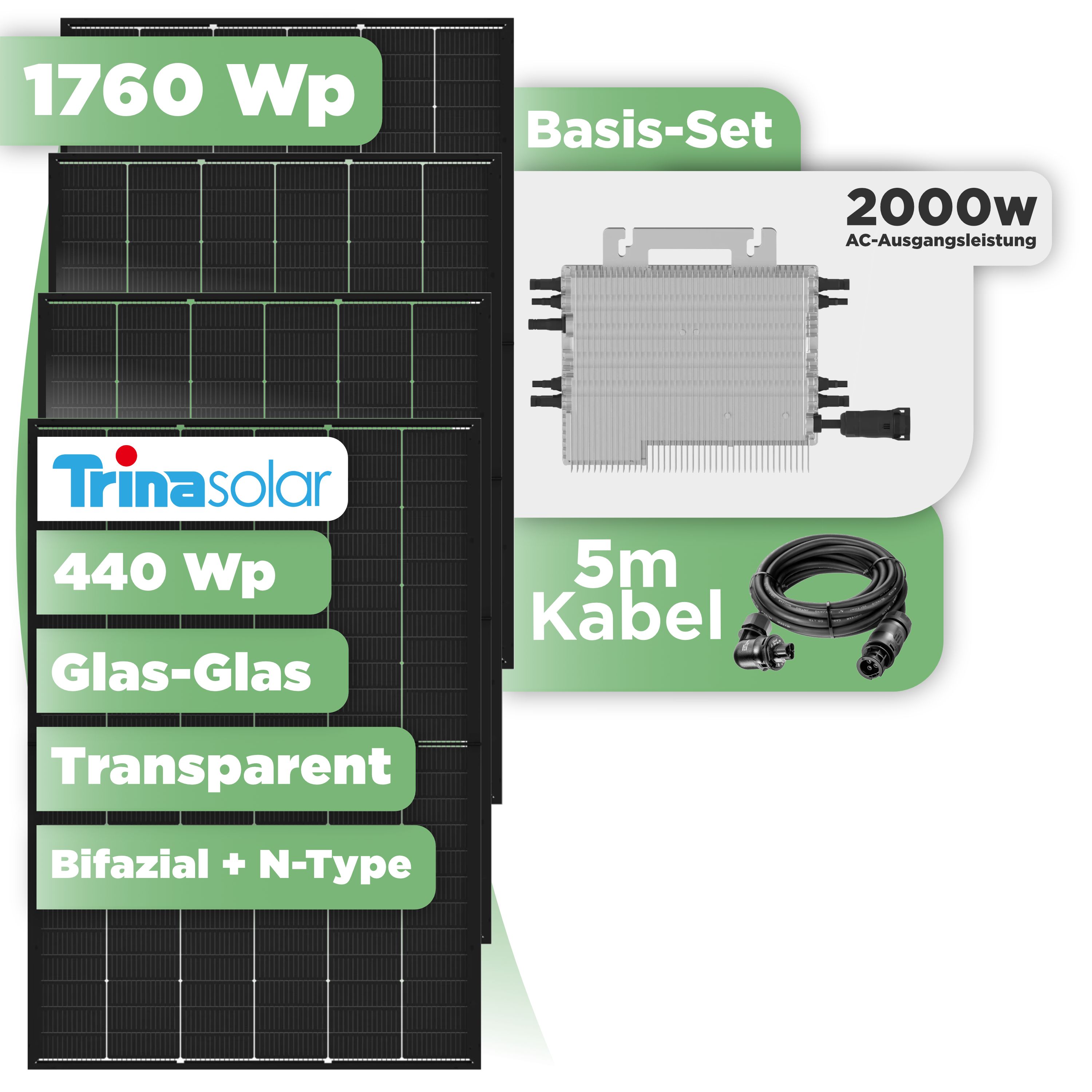 Balkonkraftwerk Basic Set 1760 Wp Trina 440 Wp Glas-Glas Bifazial Modul / 4 Module / Deye 2000 W / Wieland Stecker