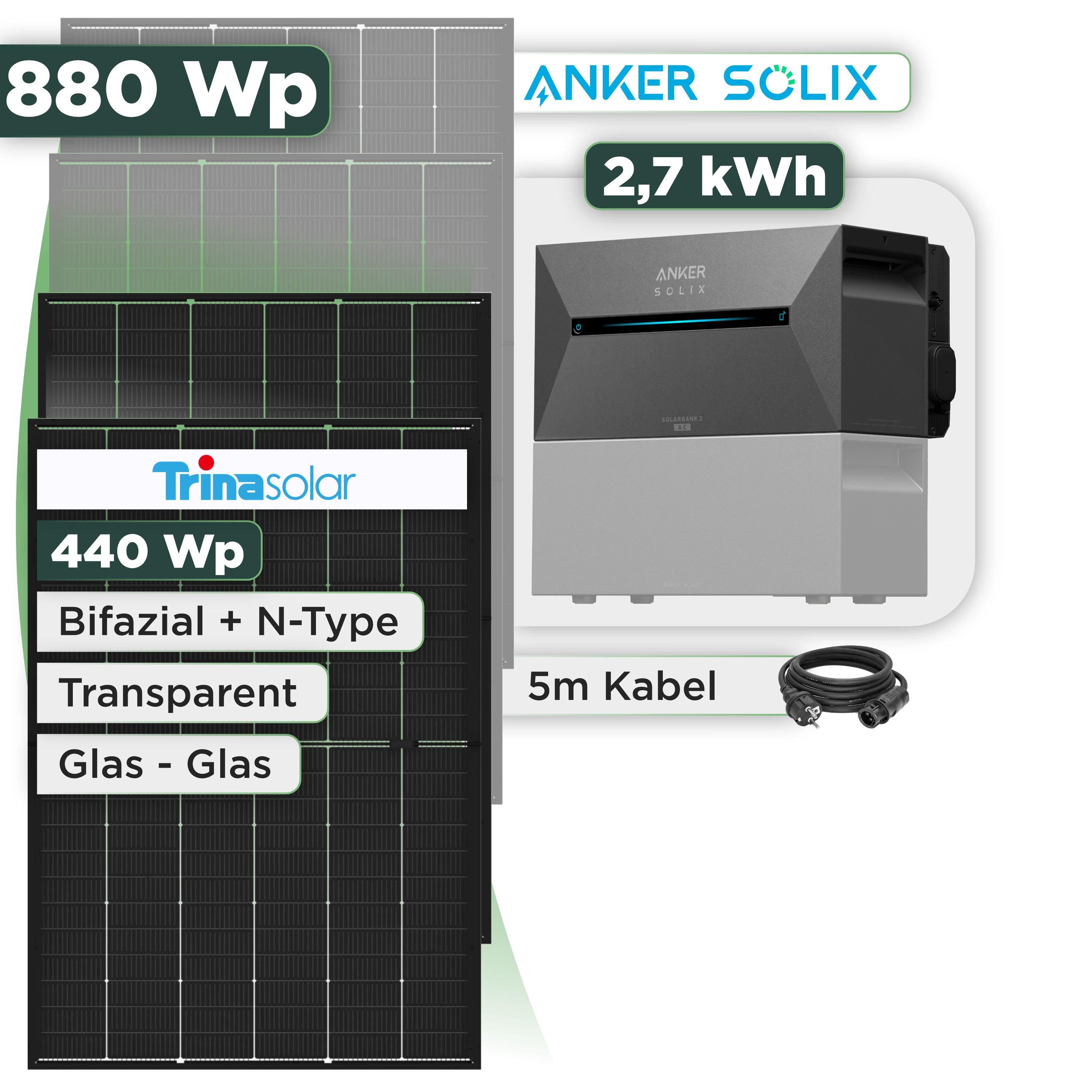 Balkonkraftwerk Set 880 Wp — Anker Solarbank 3 Pro / 2,7 kWh / Trina 440 Wp Glas-Glas Bifazial Modul / 2 Module / Schuko Stecker / 3 m