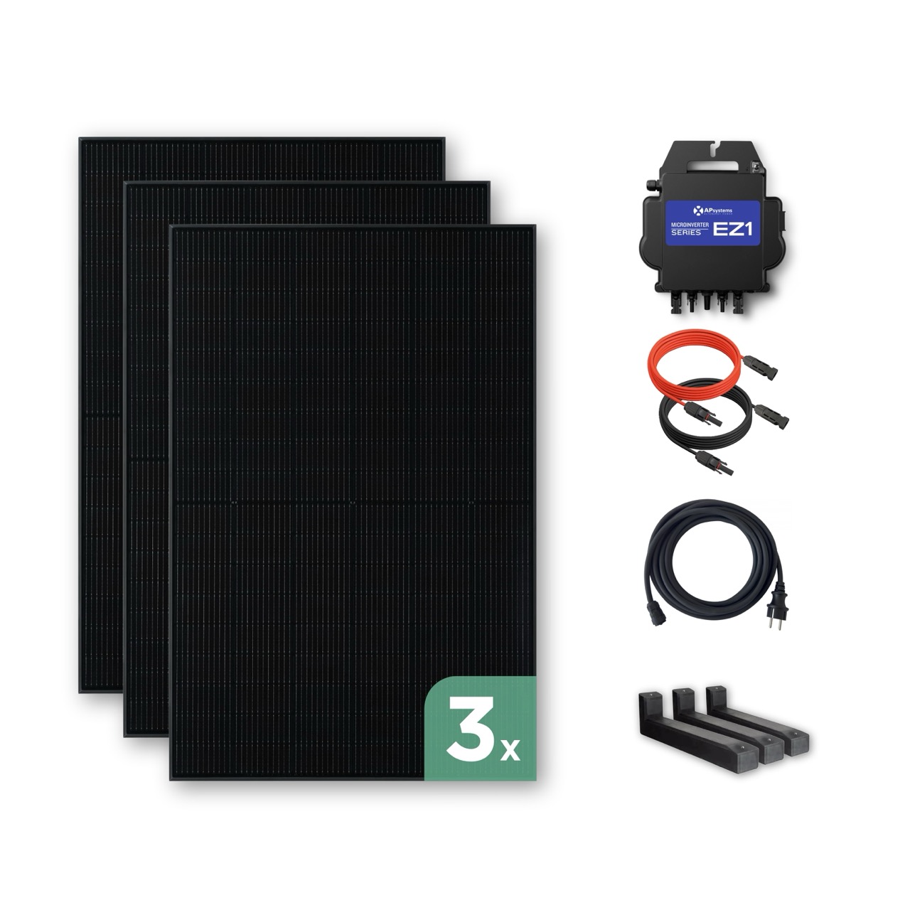 Balkonkraftwerk Flachdach 1500 Wp — APsystems EZ1-M 800 W / Trina Solar / 500 Wp (Glas-Glas Full Black) / Premium - Wattstone Black 15°  / eine Reihe quer / 3 Module / 20 m