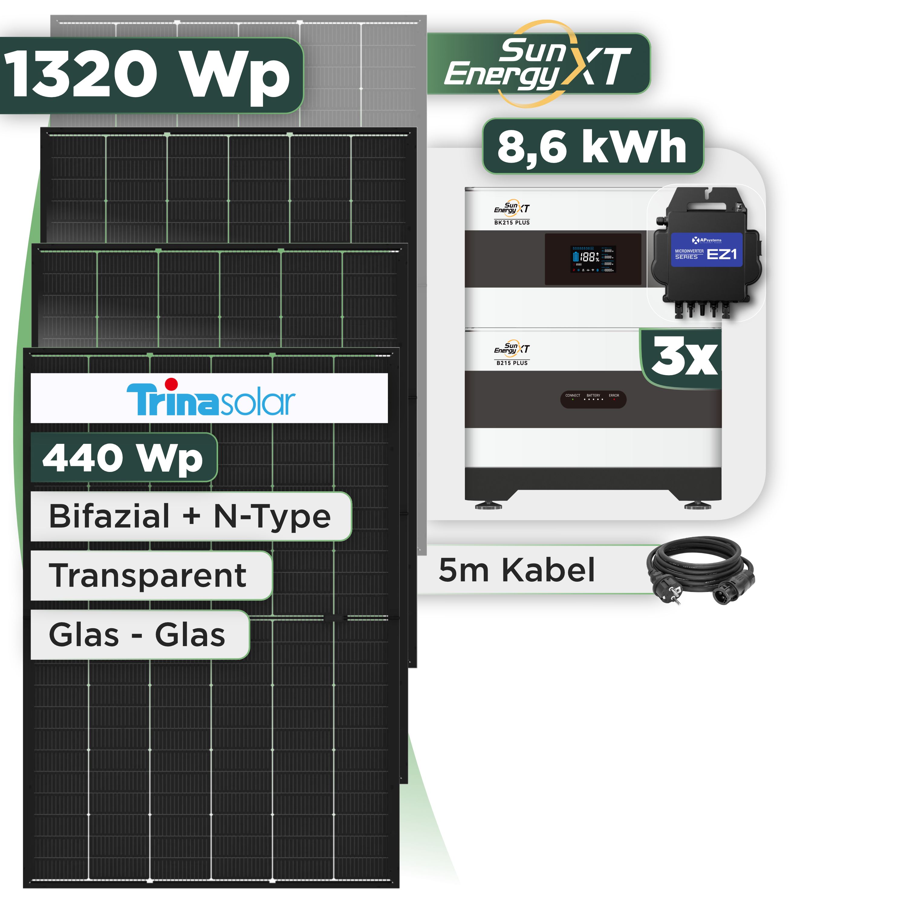 Balkonkraftwerk Set 1320 Wp SunEnergyXT Plus / 8,6 kWh / Trina 440 Wp Glas-Glas Bifazial Modul / 3 Module / APSystems EZ1-M (bis 800 W) / Schuko Stecker
