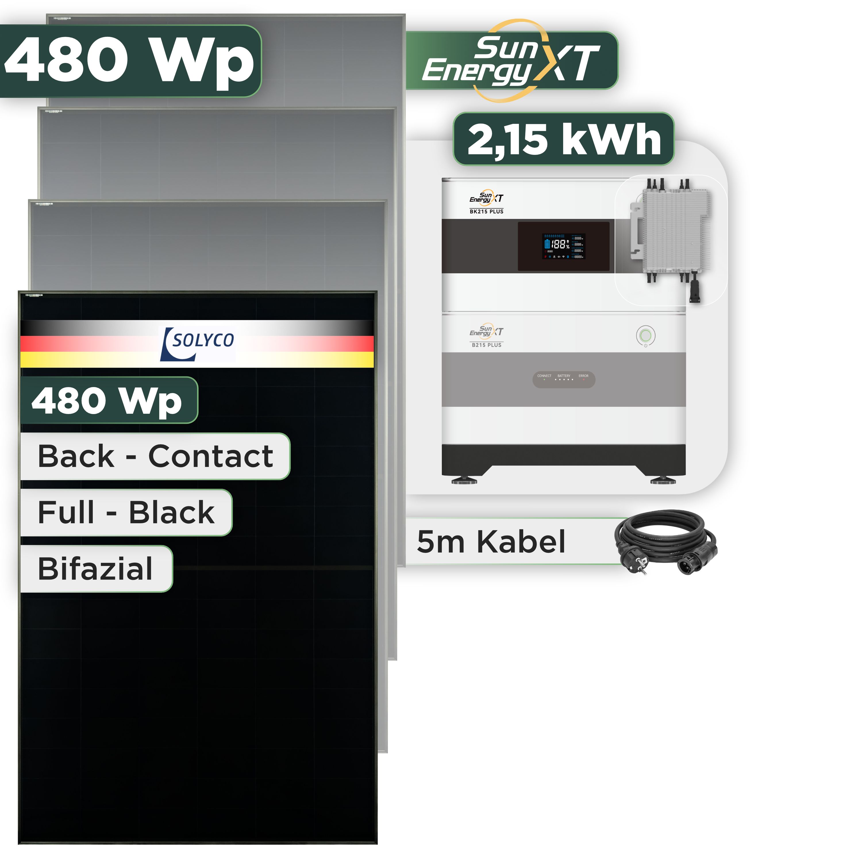 Balkonkraftwerk Set 480 Wp SunEnergyXT Plus / 2,15 kWh / Solyco 480 Wp Glas-Glas Fullblack Back Contact Modul / 1 Modul / Deye 2000 W / Schuko Stecker