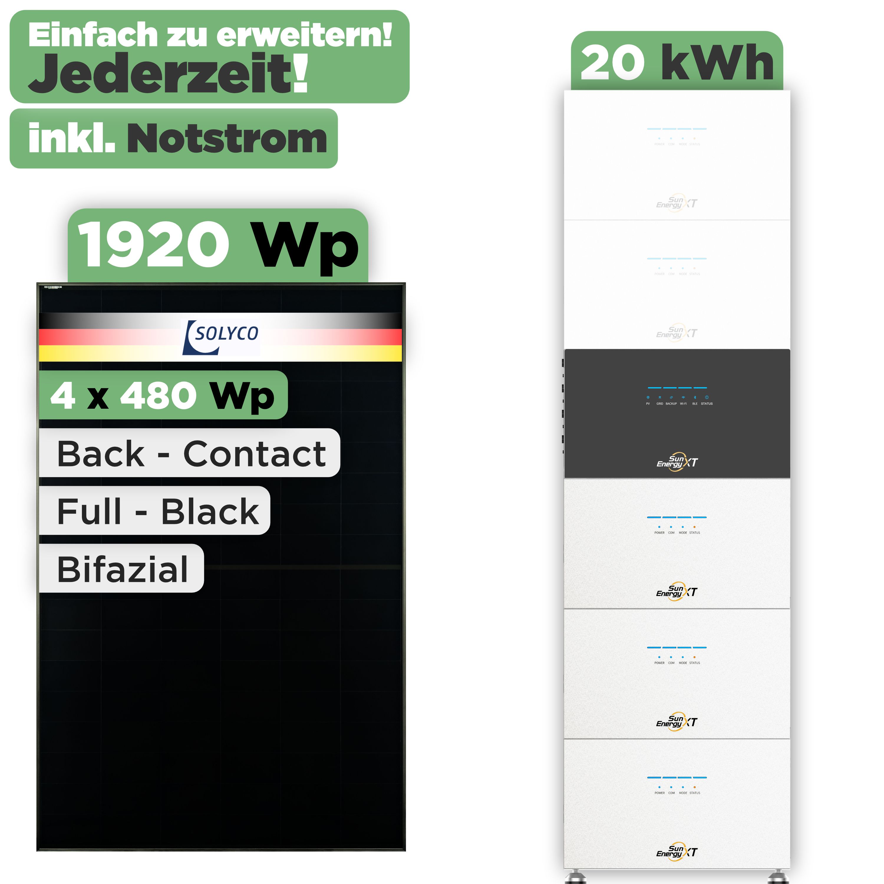 SunEnergyXT 500 Modulset 1920 Wp SunEnergyXT 500 (800 W) / 20 kWh / Solyco 480 Wp / 4 Module