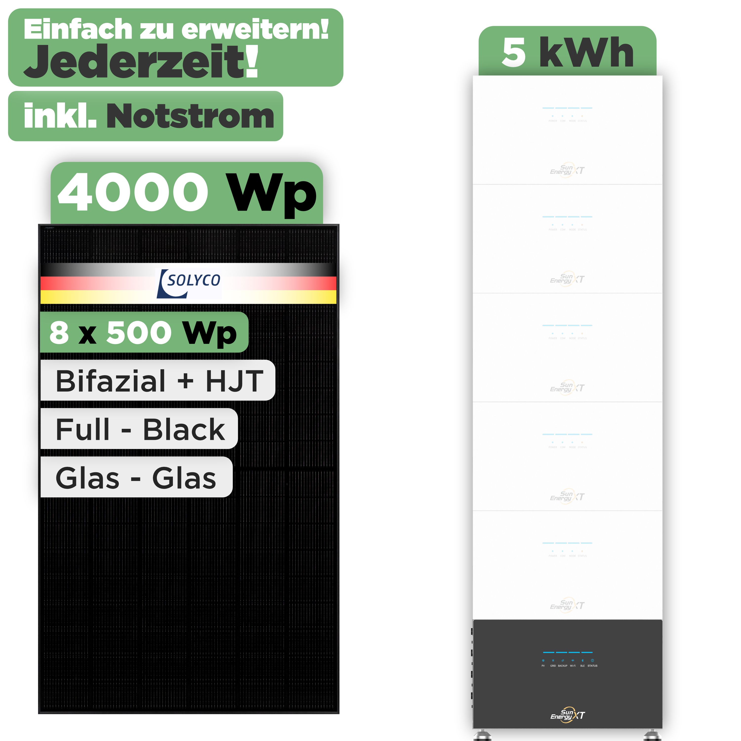 SunEnergyXT 500 Modulset 4000 Wp SunEnergyXT 500 (800 W) / 5 kWh / Solyco 500 Wp / 8 Module