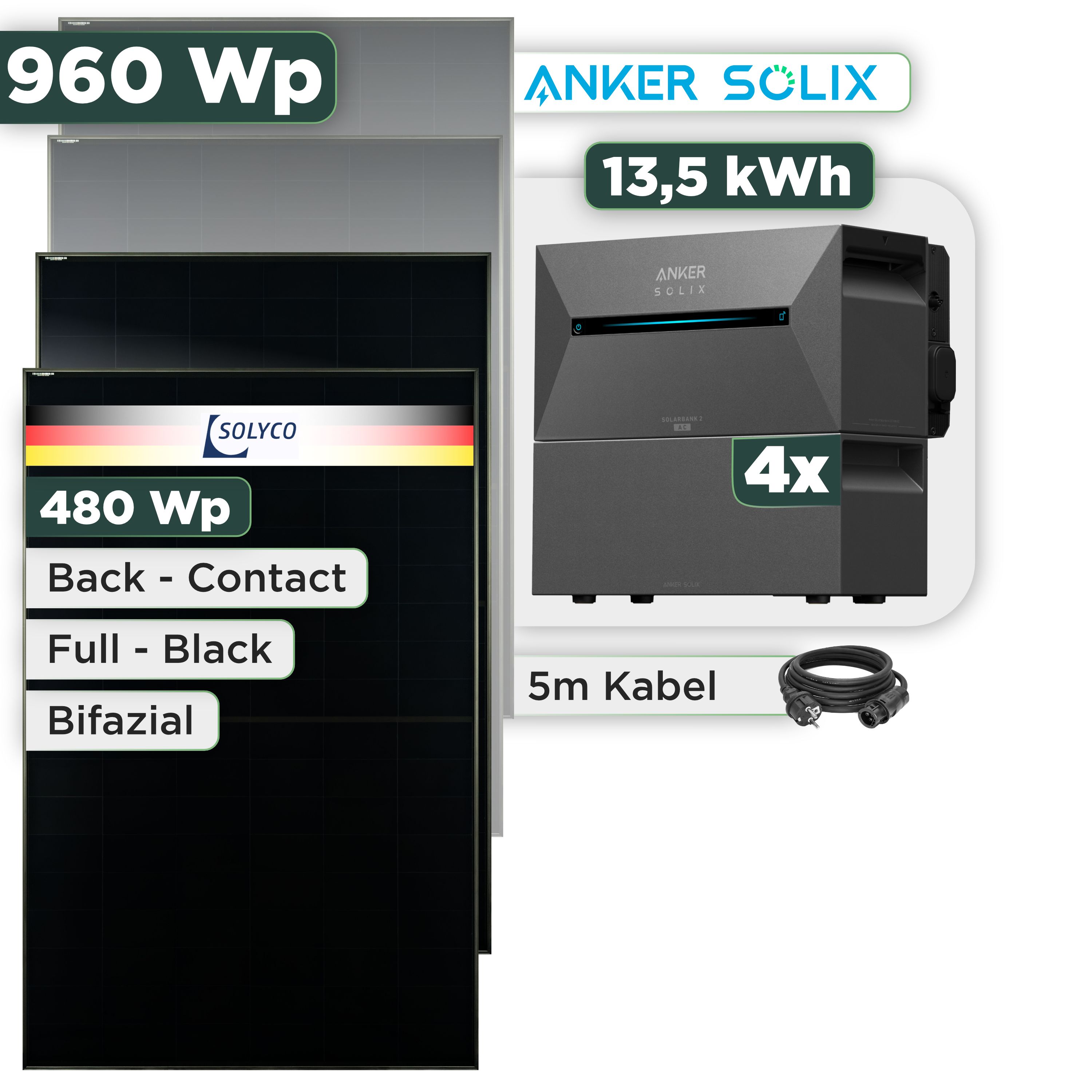 Balkonkraftwerk Set 960 Wp Anker Solarbank 3 Pro / 13,5 kWh / Solyco 480 Wp Glas-Glas Fullblack Back Contact Modul / 2 Module / Schuko Stecker / 3 m