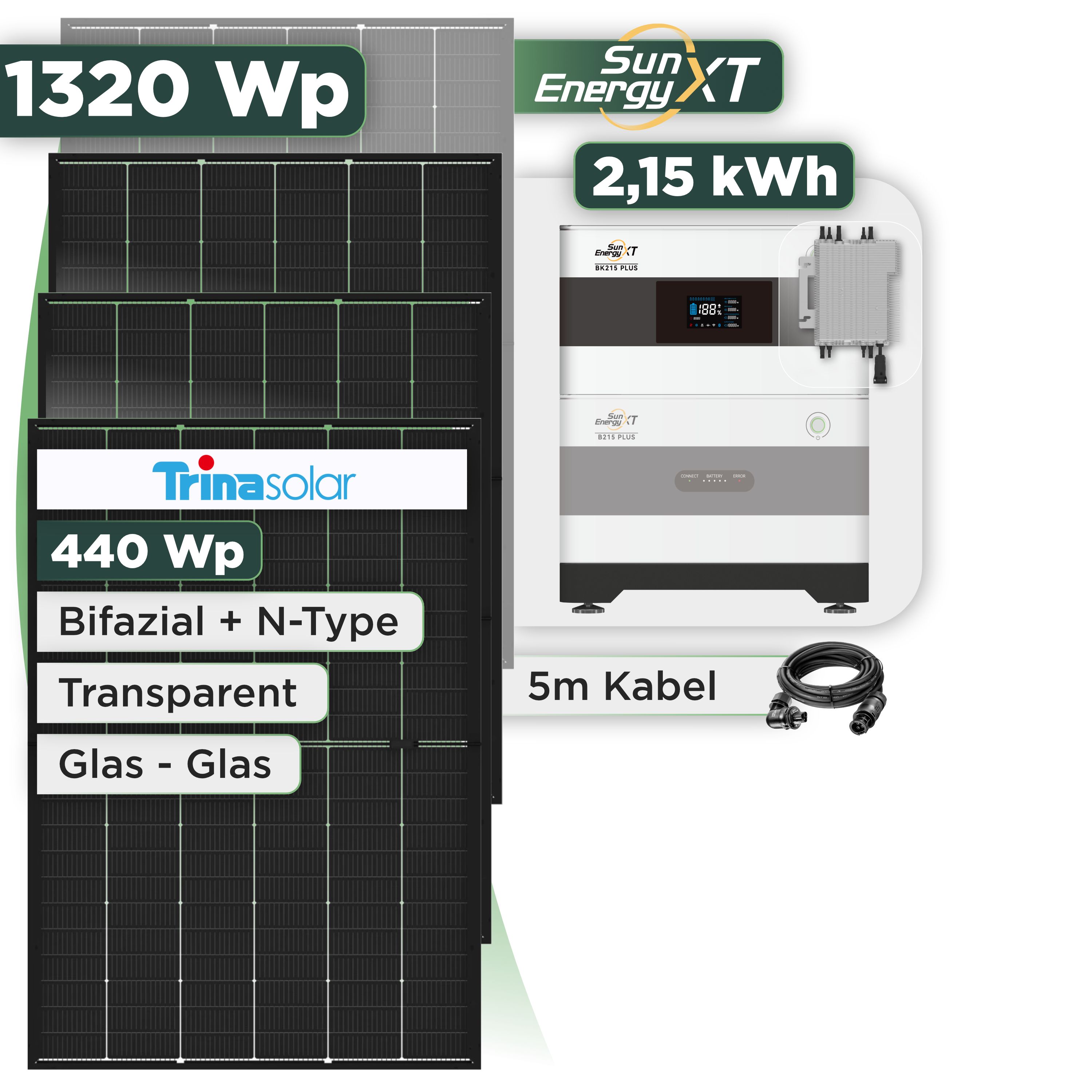 Balkonkraftwerk Set 1320 Wp SunEnergyXT Plus / 2,15 kWh / Trina 440 Wp Glas-Glas Bifazial Modul / 3 Module / Deye 2000 W / Wieland Stecker