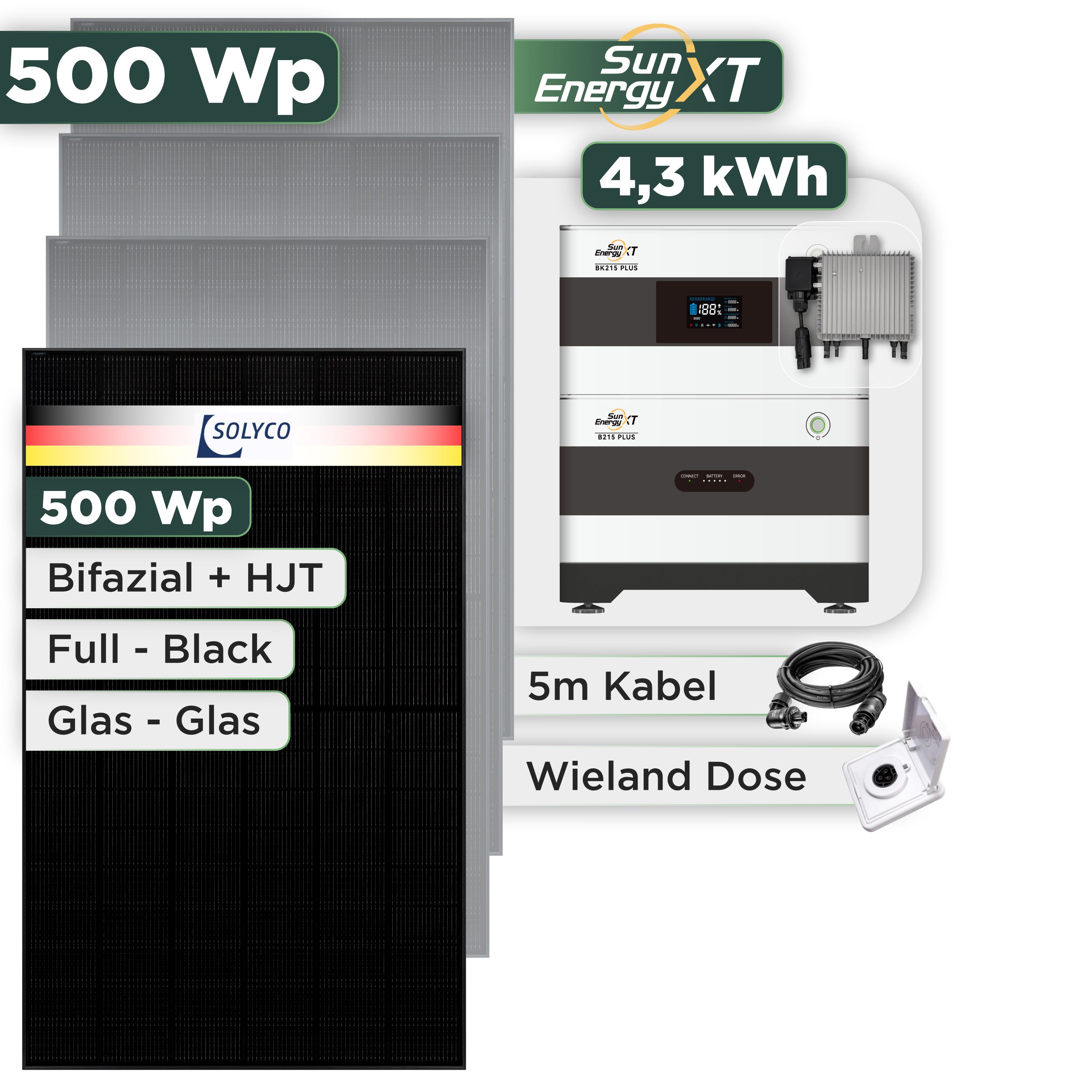 Balkonkraftwerk Set 500 Wp SunEnergyXT Plus / 4,3 kWh / Solyco 500 Wp Glas-Glas Fullblack-Modul Bifazial / 1 Modul / Deye 800 W / Wieland Stecker + Dose