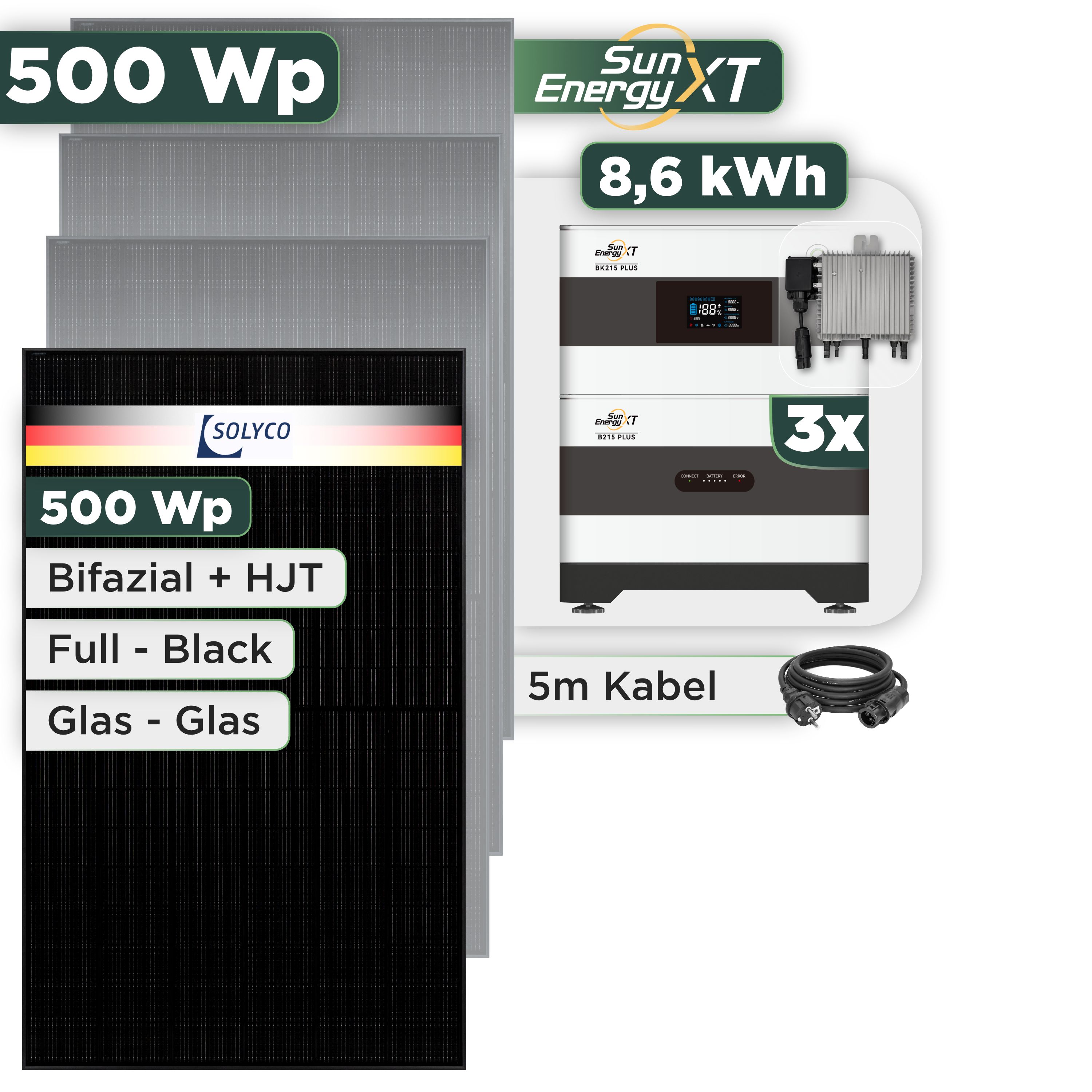 Balkonkraftwerk Set 500 Wp SunEnergyXT Plus / 8,6 kWh / Solyco 500 Wp Glas-Glas Fullblack-Modul Bifazial / 1 Modul / Deye 800 W / Schuko Stecker