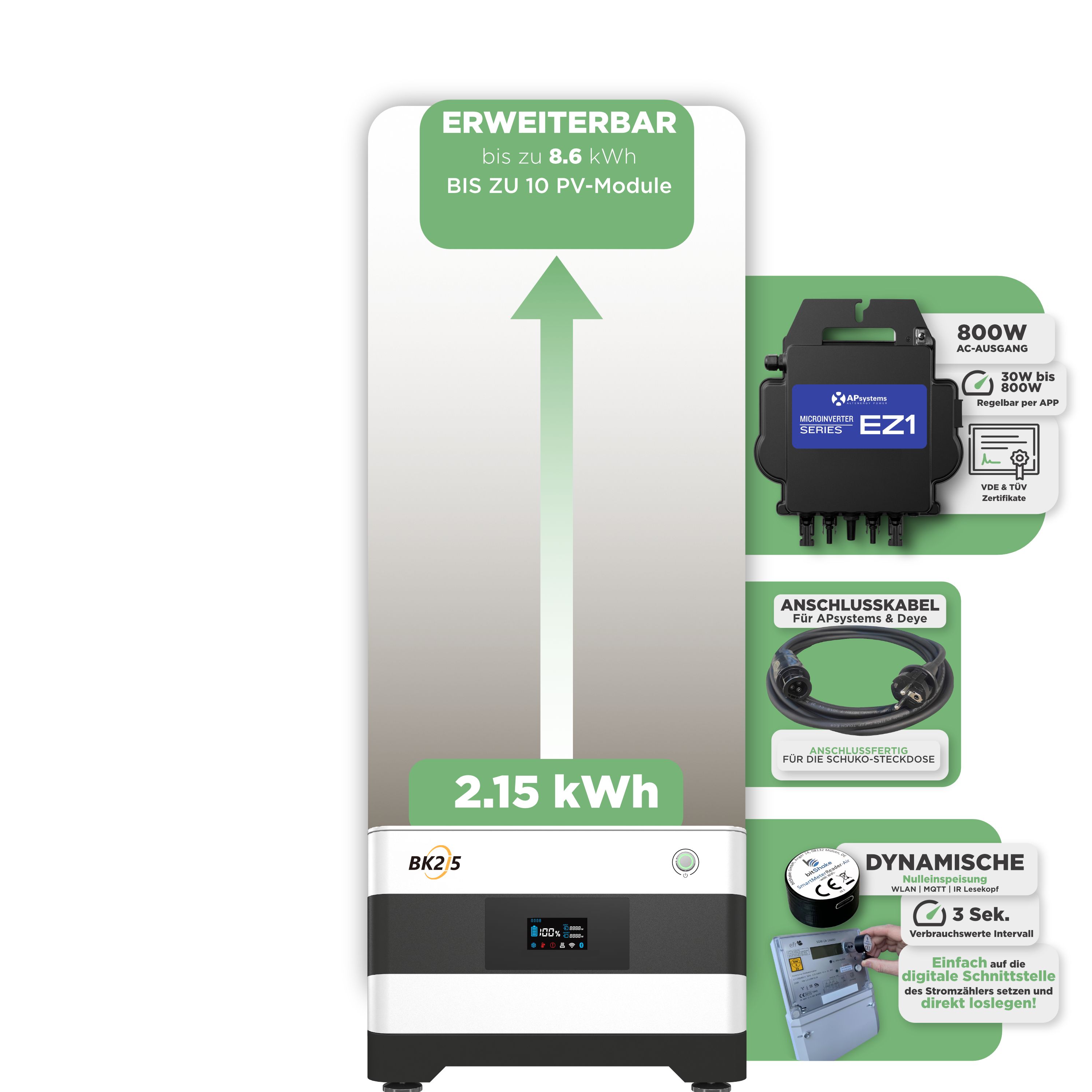 SunEnergyXT Balkonkraftwerkspeicher — 2.150 Wh / mit IR Lesekopf (bitshake) / 800 W (Apsystems EZ1-M) / 20 m Schuko Kabel