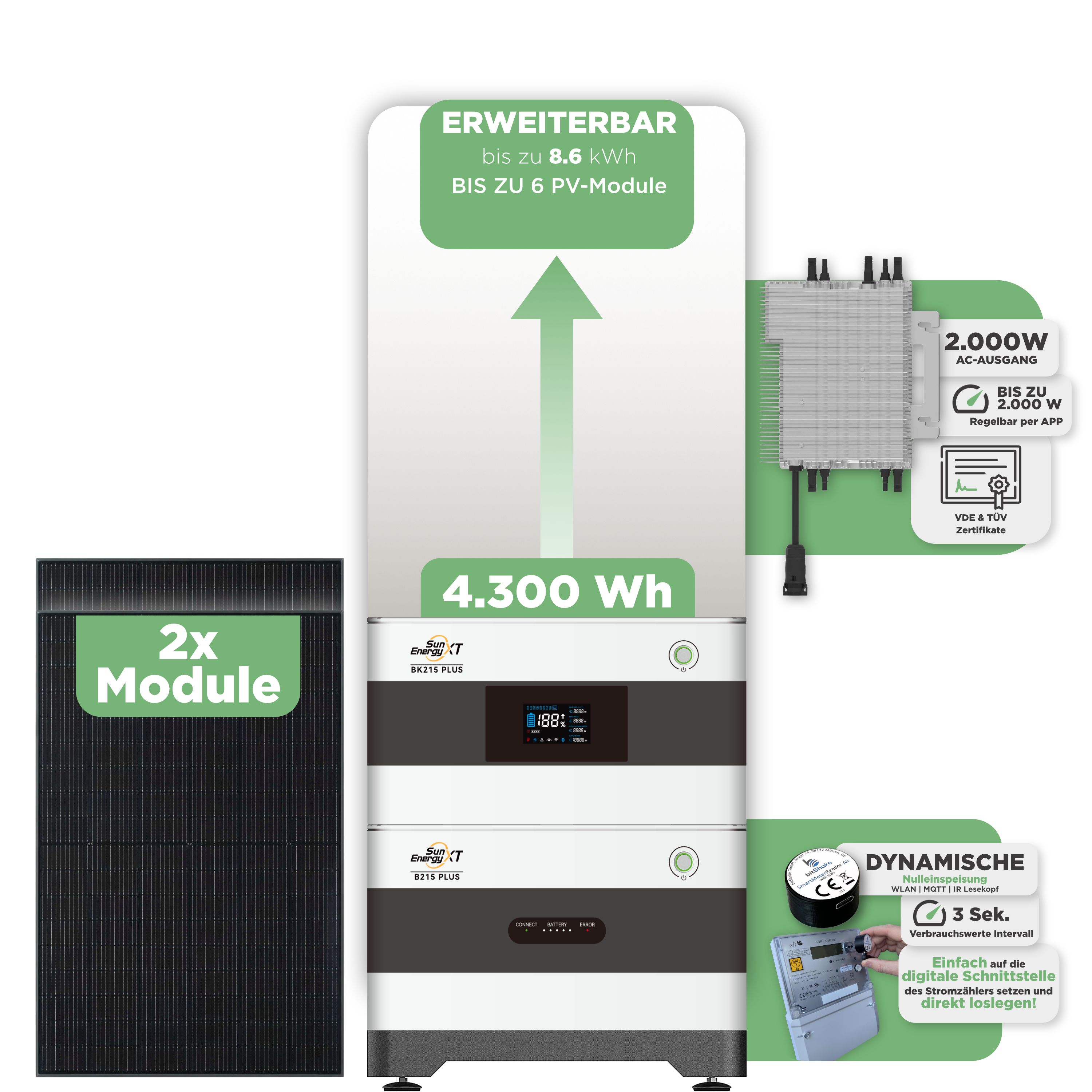 SunEnergyXT BK215 Plus Balkonkraftwerkspeicher 4.300 Wh / mit IR Lesekopf (bitshake) / 2000 W (Deye-SUN-M)