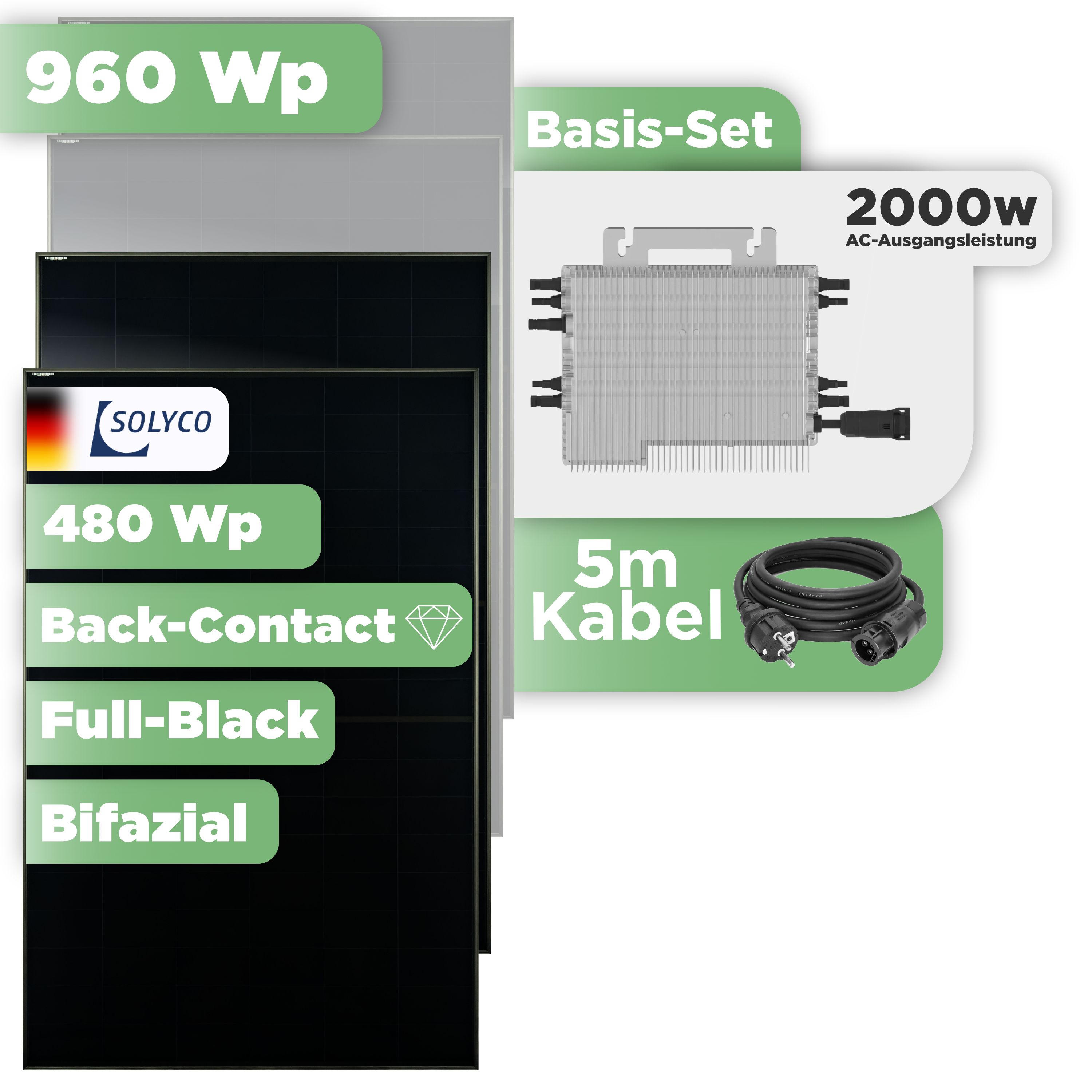 Balkonkraftwerk Basic Set 960 Wp Solyco 480 Wp Glas-Glas Fullblack Back Contact Modul / 2 Module / Deye 2000 W / Schuko Stecker
