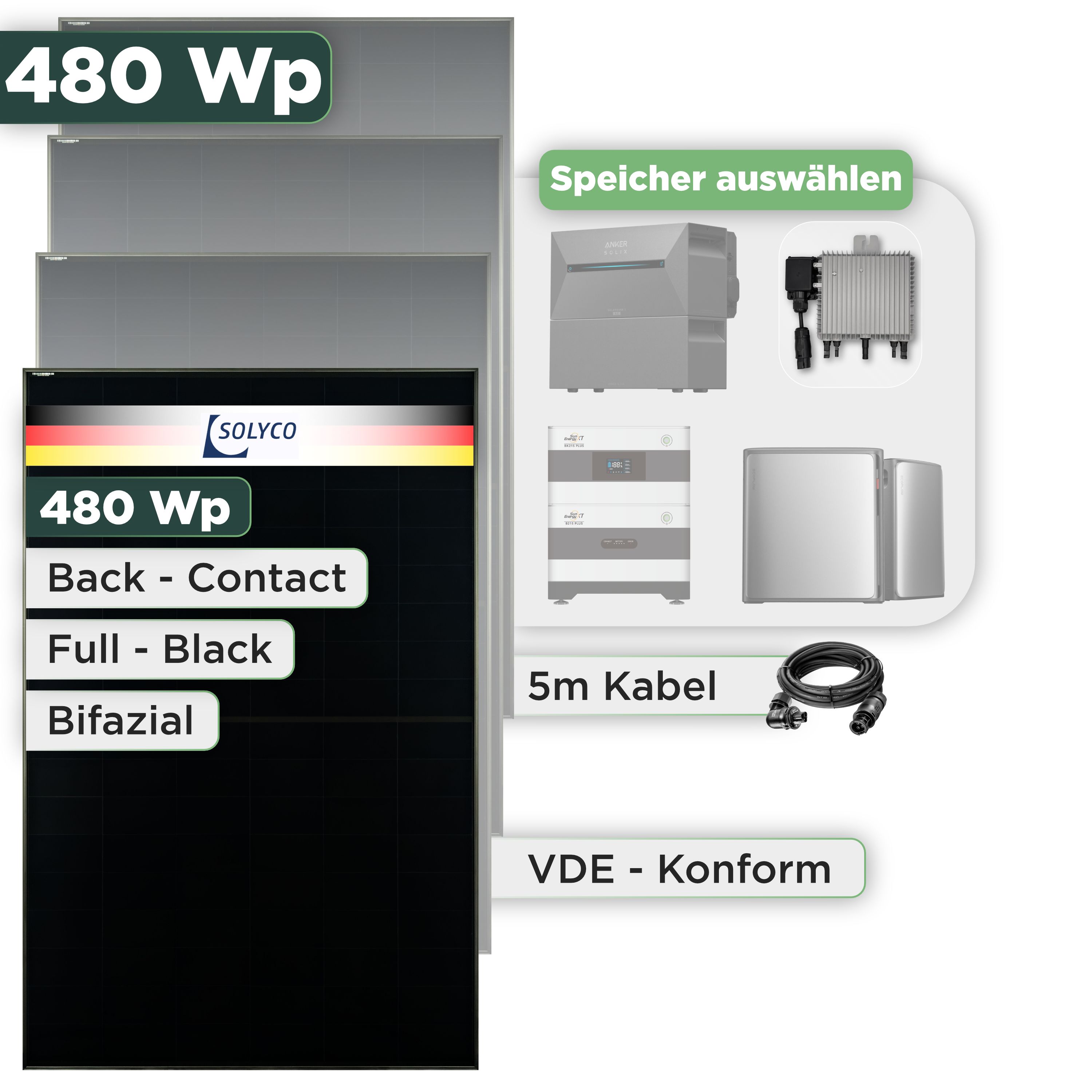 Balkonkraftwerk Set 480 Wp Solyco 480 Wp Glas-Glas Fullblack Back Contact Modul / 1 Modul / Deye 800 W / Wieland Stecker