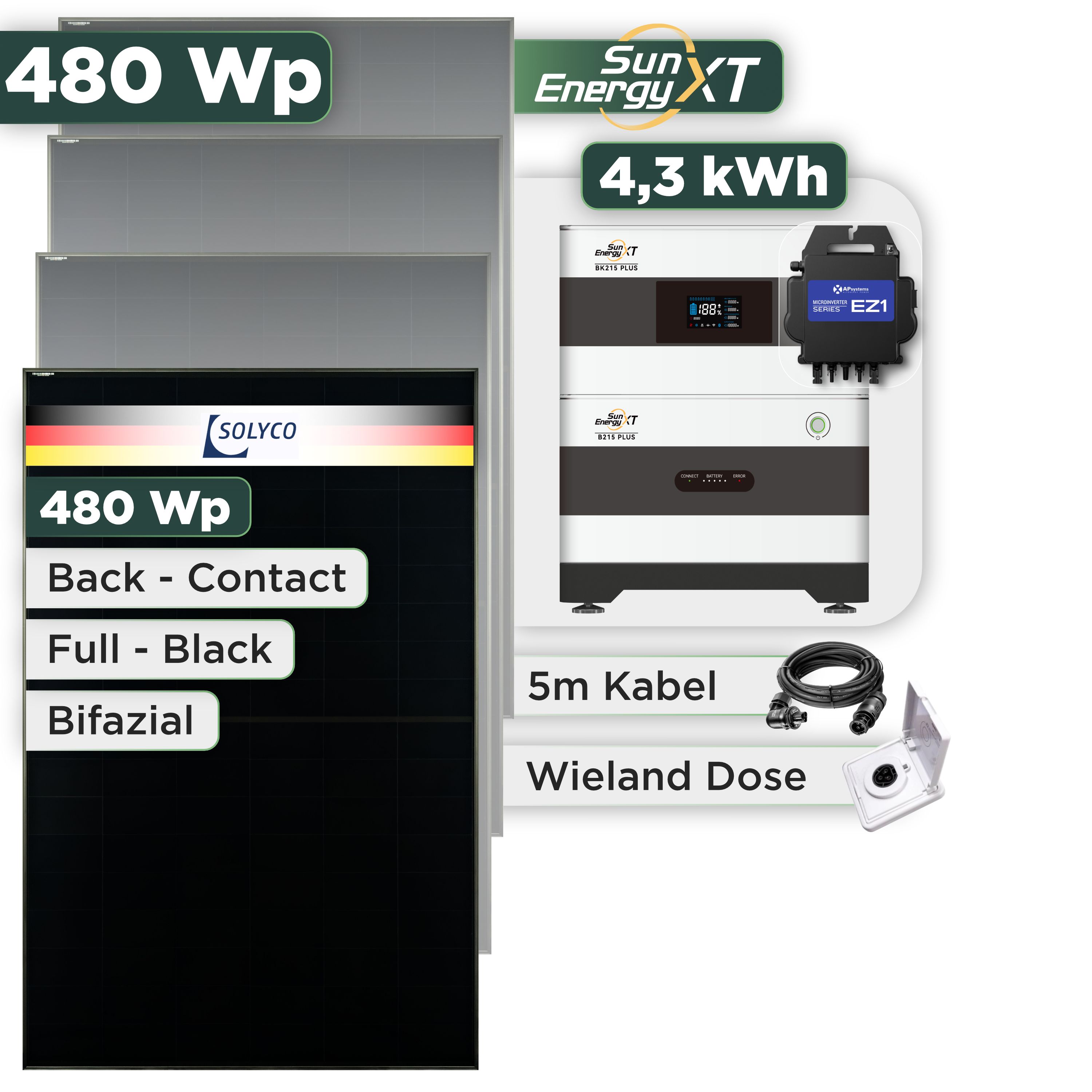 Balkonkraftwerk Set 480 Wp SunEnergyXT Plus / 4,3 kWh / Solyco 480 Wp Glas-Glas Fullblack Back Contact Modul / 1 Modul / APSystems EZ1-M (bis 800 W) / Wieland Stecker + Dose
