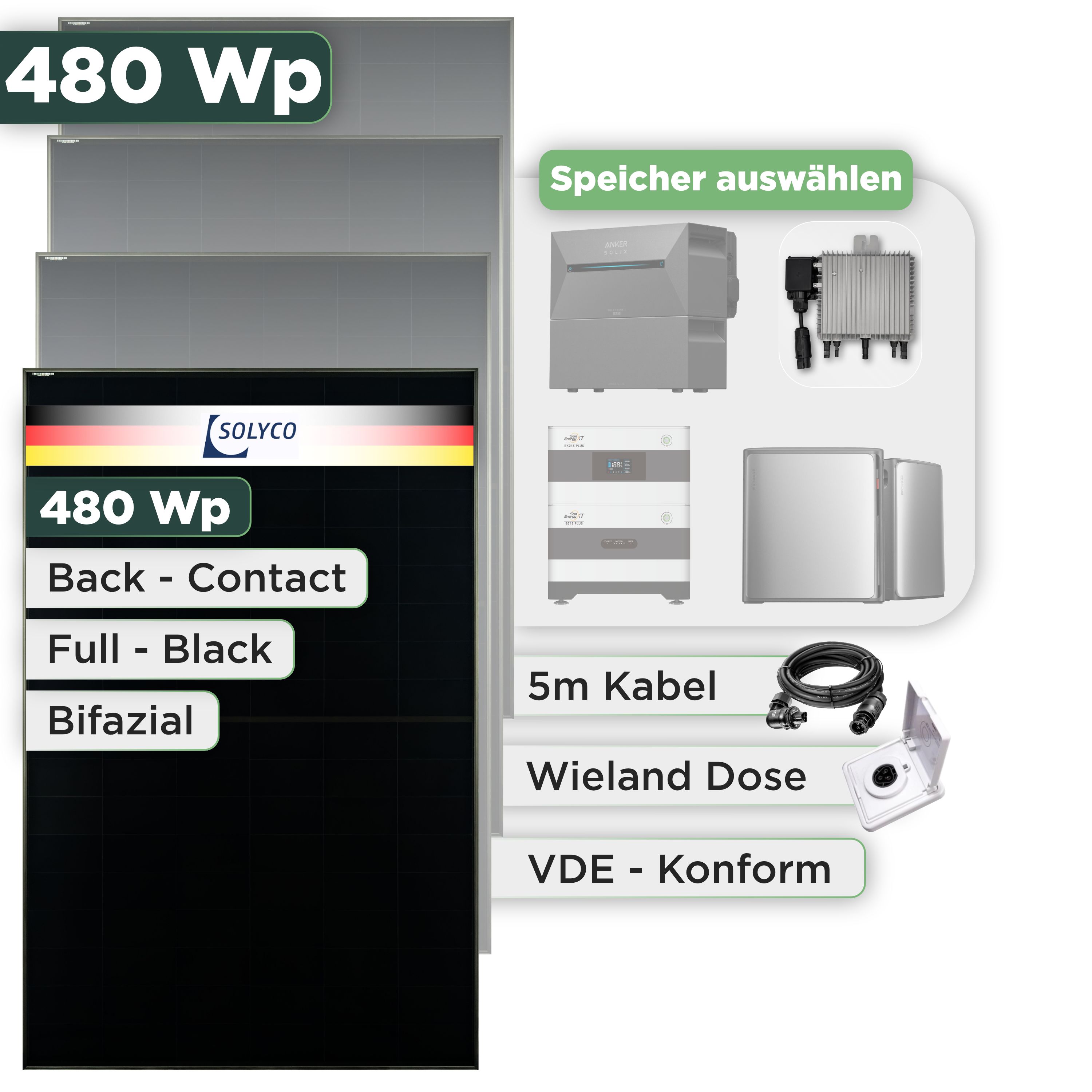 Balkonkraftwerk Set 480 Wp Solyco 480 Wp Glas-Glas Fullblack Back Contact Modul / 1 Modul / Deye 800 W / Wieland Stecker + Dose