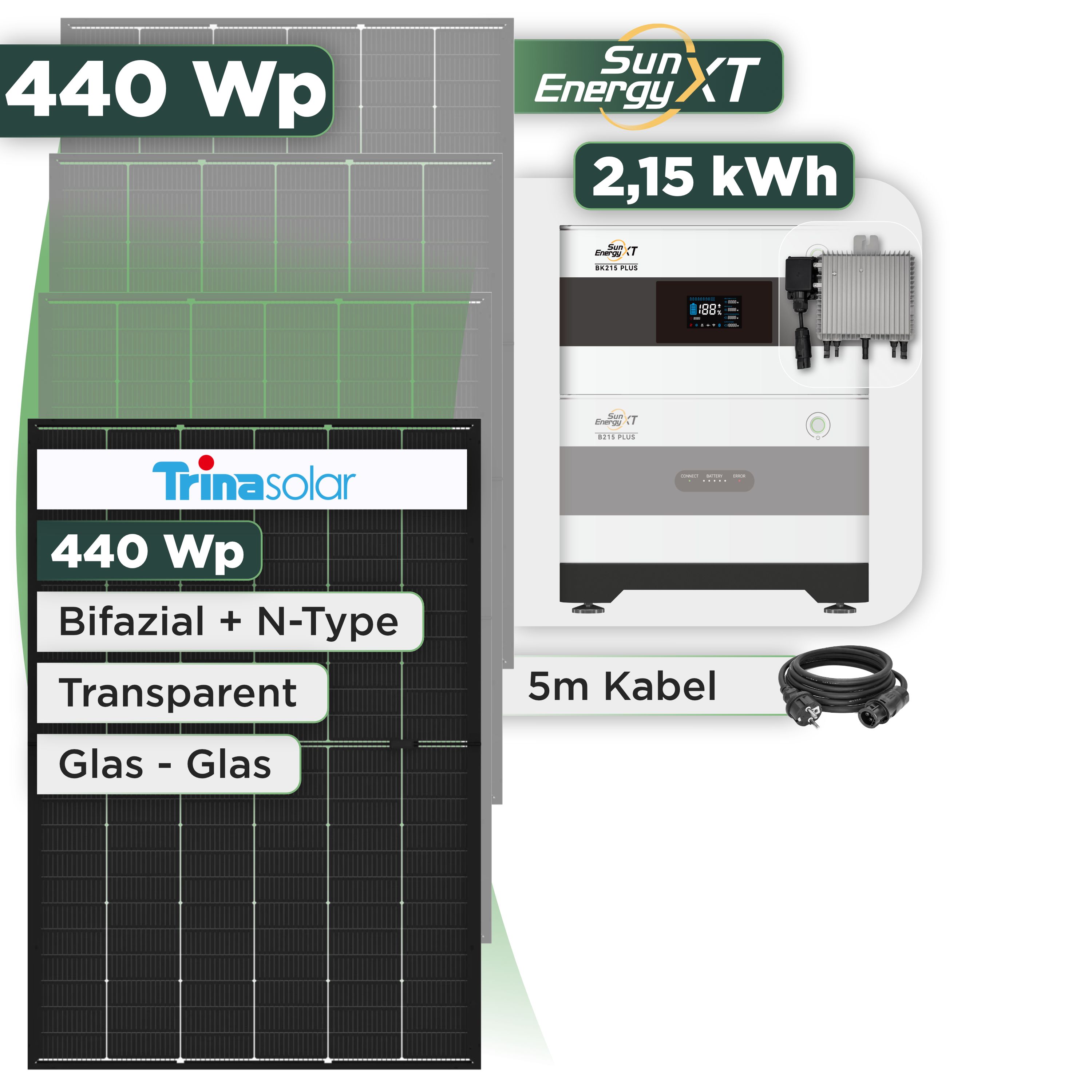 Balkonkraftwerk Set 440 Wp SunEnergyXT Plus / 2,15 kWh / Trina 440 Wp Glas-Glas Bifazial Modul / 1 Modul / Deye 800 W / Schuko Stecker