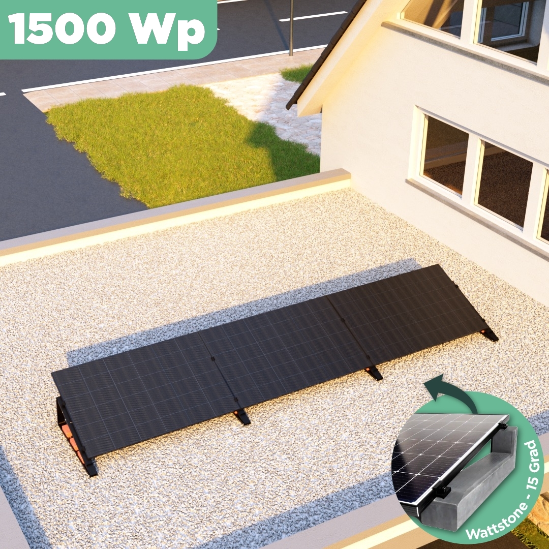 Balkonkraftwerk Flachdach 1500 Wp — APsystems EZ1-M 800 W / Trina Solar / 500 Wp (Glas-Glas Full Black) / Premium - Wattstone Black 15°  / eine Reihe quer / 3 Module / 20 m