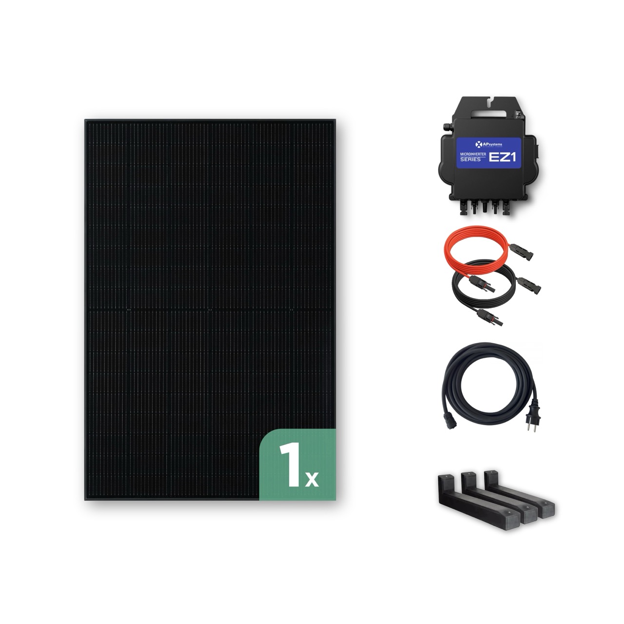 Balkonkraftwerk Flachdach 500 Wp — APsystems EZ1-M 800 W / Trina Solar / 500 Wp (Glas-Glas Full Black) / Premium - Wattstone Black 15°  / eine Reihe quer / 1 Modul / 20 m