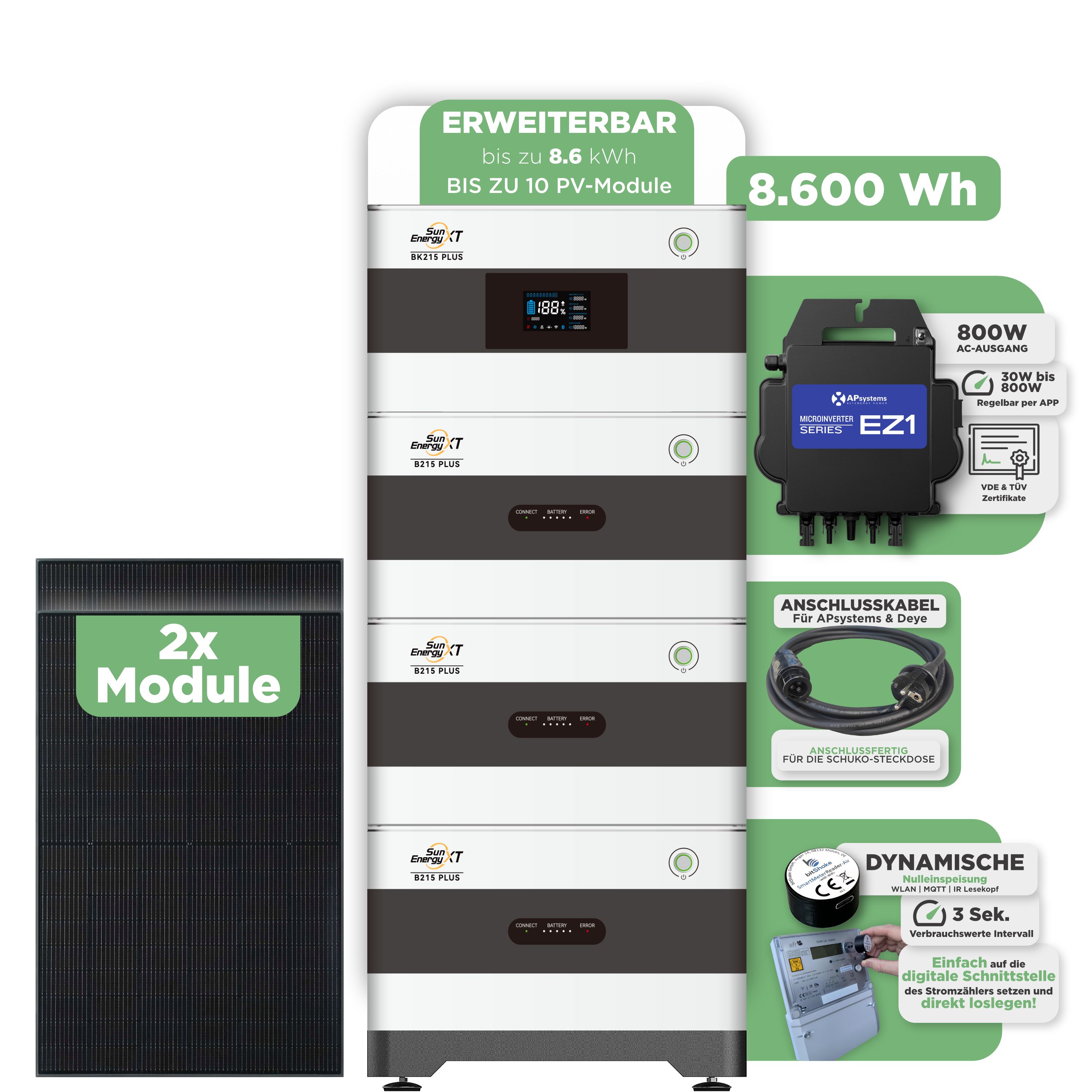 SunEnergyXT BK215 Plus Balkonkraftwerkspeicher 8.600 Wh / mit IR Lesekopf (bitshake) / 800 W (Apsystems EZ1-M) / 15 m Schuko Kabel