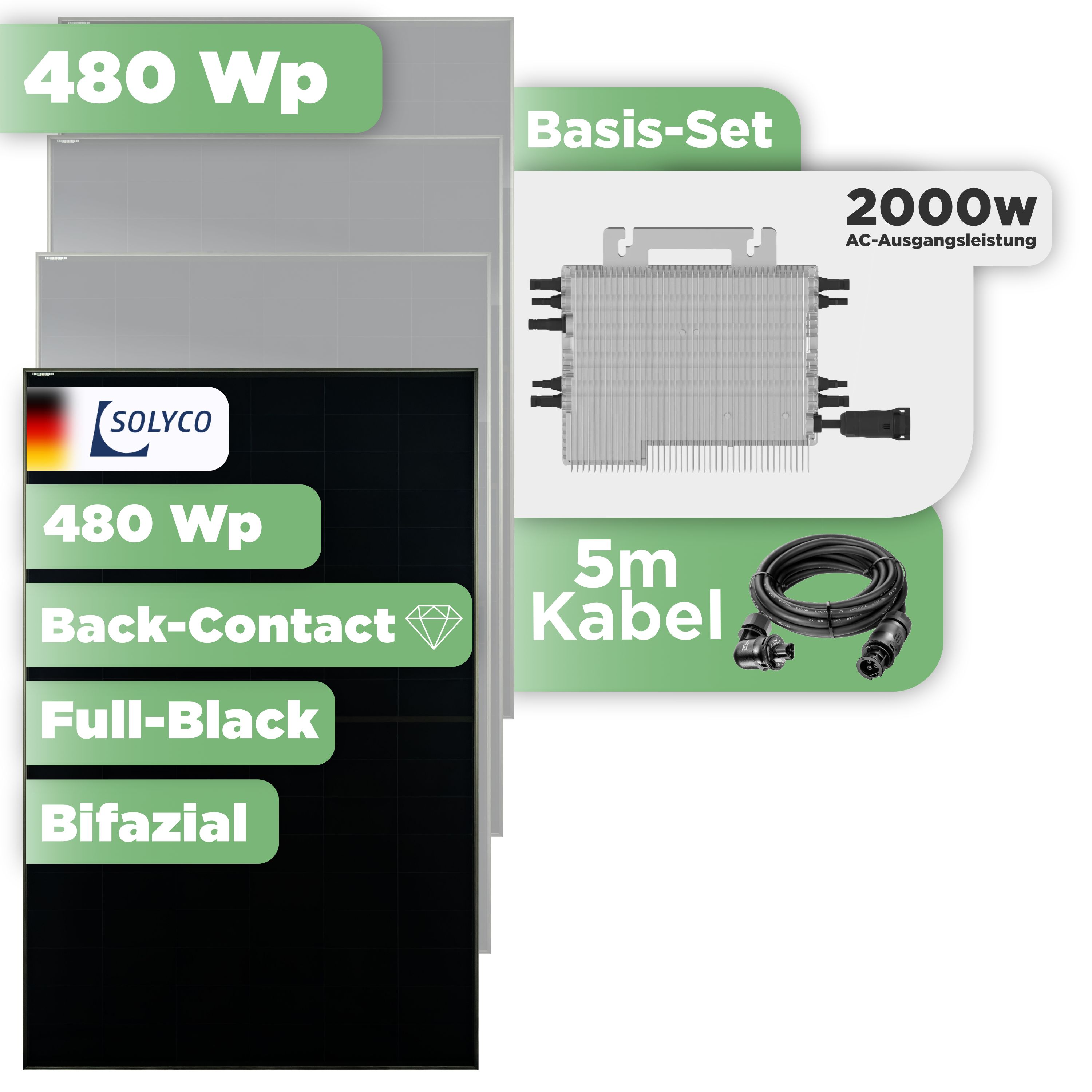Balkonkraftwerk Basic Set 480 Wp Solyco 480 Wp Glas-Glas Fullblack Back Contact Modul / 1 Modul / Deye 2000 W / Wieland Stecker