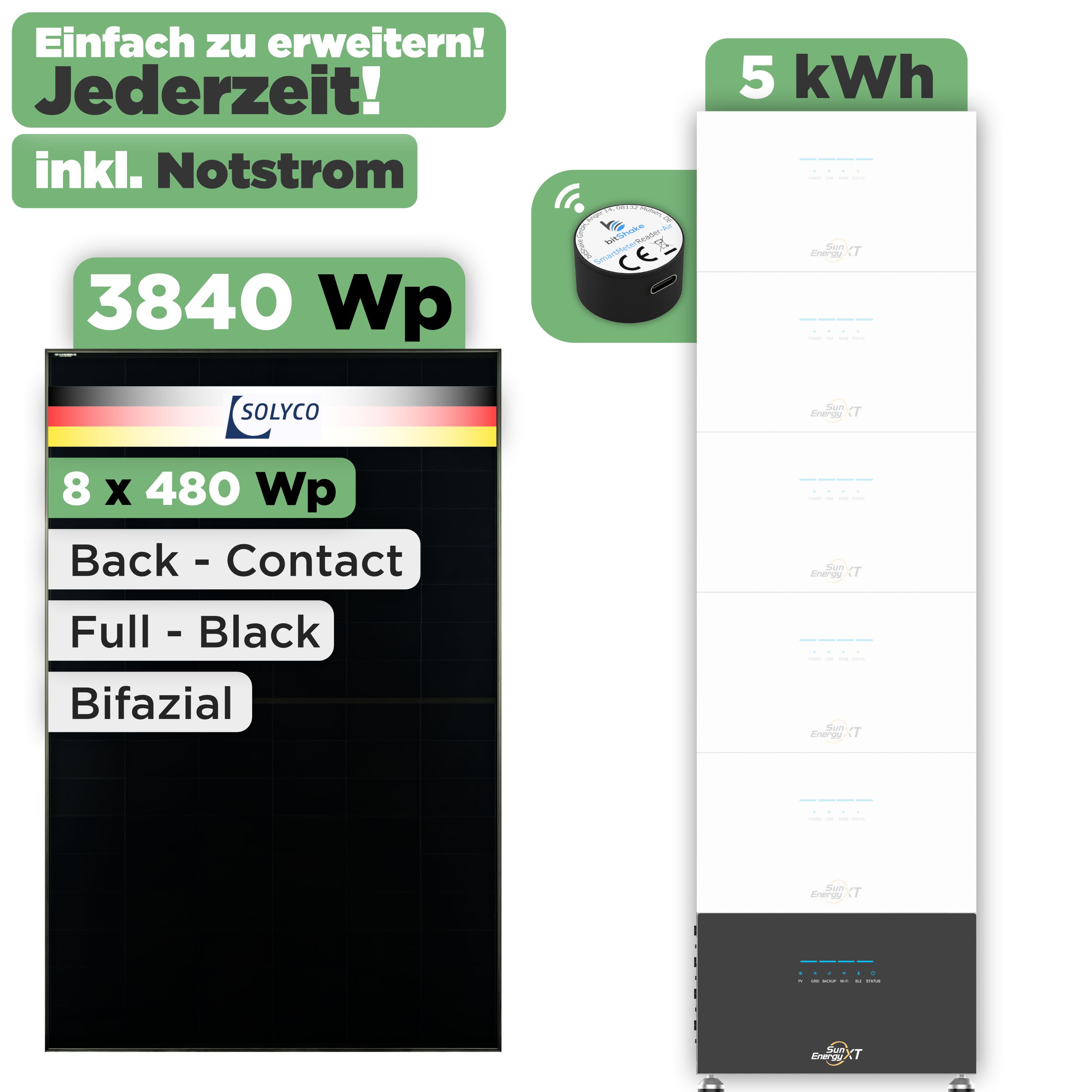 SunEnergyXT 500 Modulset 3840 Wp SunEnergyXT 500 (800 W) / 5 kWh / IR Lesekopf / Solyco 480 Wp / 8 Module